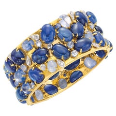 18k White & Yellow Gold Oval Sapphire Bangle with Diamond Accents, Size 7