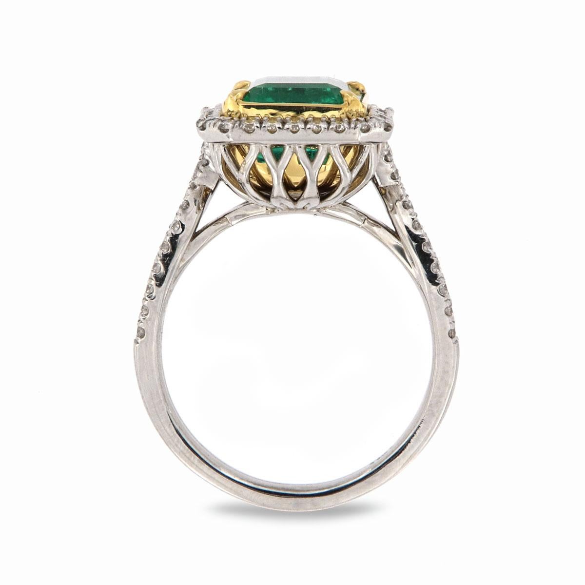 Emerald Cut GIA Certified 3.90 Carat Green Emerald 18K White & Yellow Gold Diamond Ring  For Sale