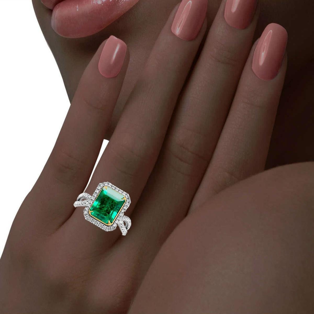 Women's GIA Certified 3.90 Carat Green Emerald 18K White & Yellow Gold Diamond Ring  For Sale
