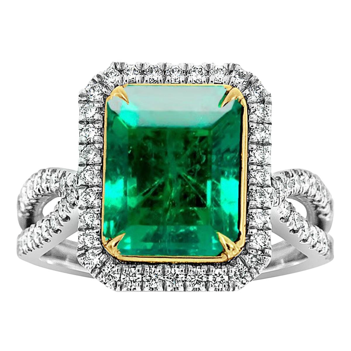 GIA Certified 3.90 Carat Green Emerald 18K White & Yellow Gold Diamond Ring 
