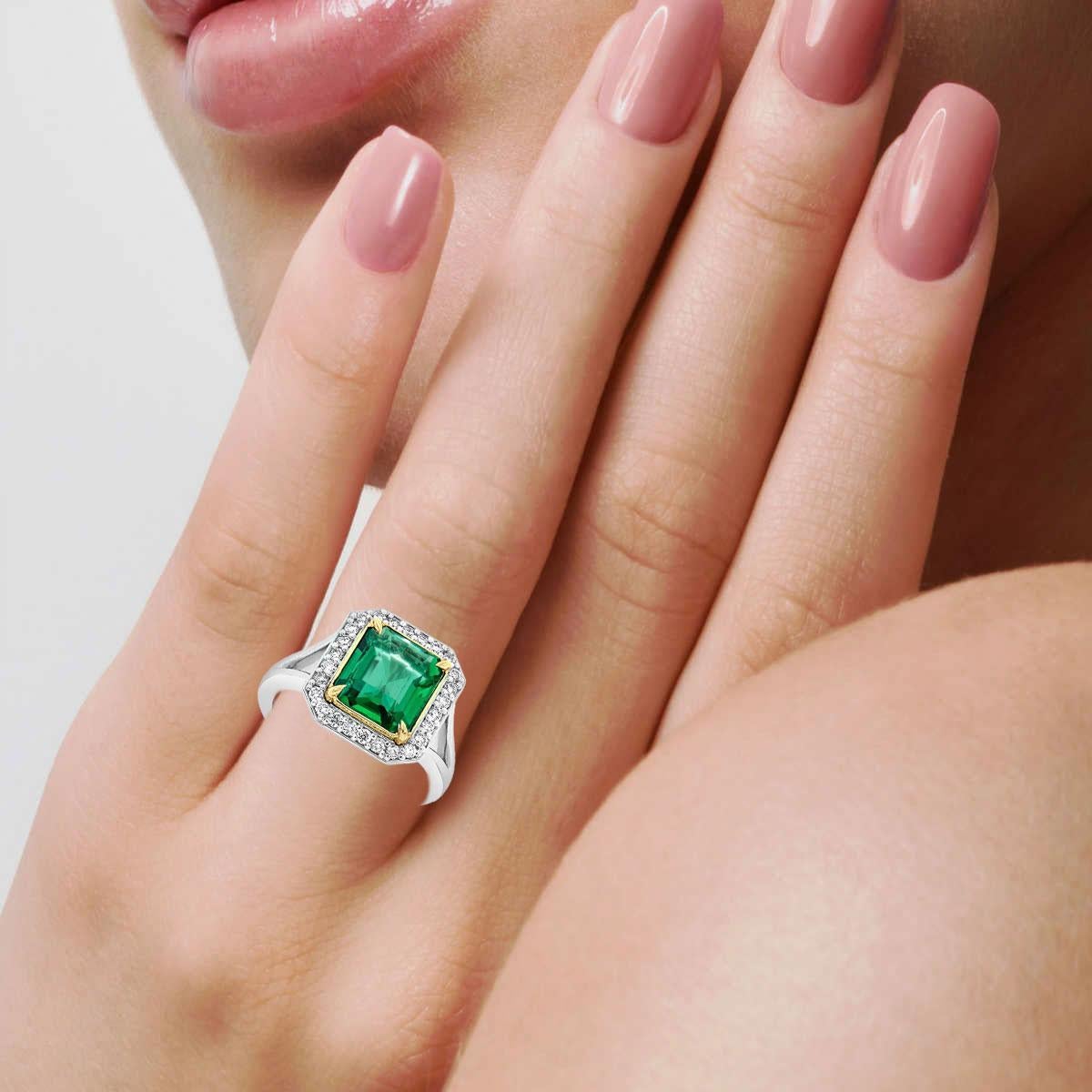 Emerald Cut GIA Certified 4.08 Carat Green Square Emerald 18K White & Yellow Gold Halo Ring  For Sale