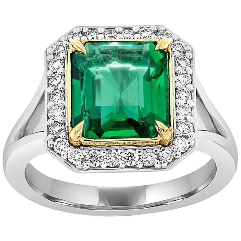GIA Certified 4.08 Carat Green Square Emerald 18K White & Yellow Gold Halo Ring  For Sale