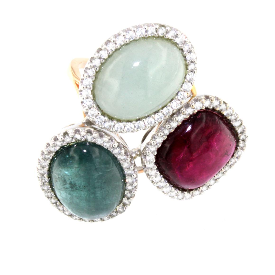 Moderne Bague Cocktai en or blanc et jaune 18 carats, aigue-marine, tourmaline laiteuse et diamants blancs en vente