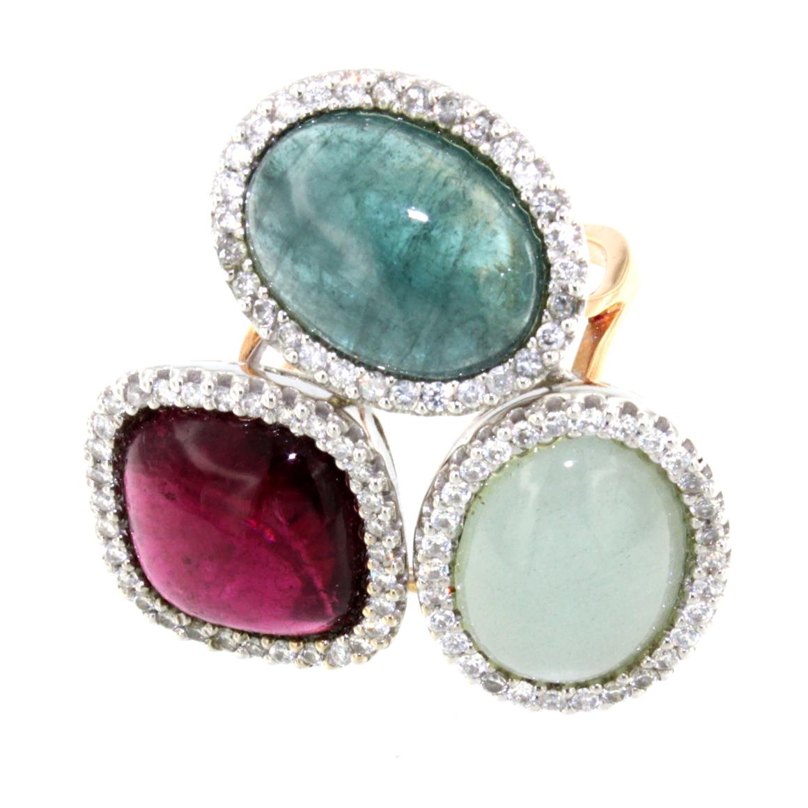 Bague Cocktai en or blanc et jaune 18 carats, aigue-marine, tourmaline laiteuse et diamants blancs Unisexe en vente