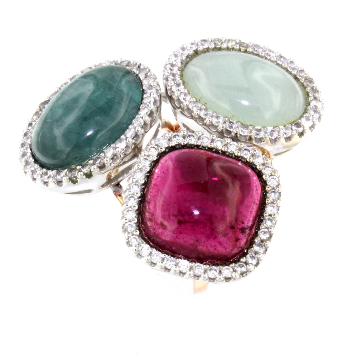 Bague Cocktai en or blanc et jaune 18 carats, aigue-marine, tourmaline laiteuse et diamants blancs en vente 1