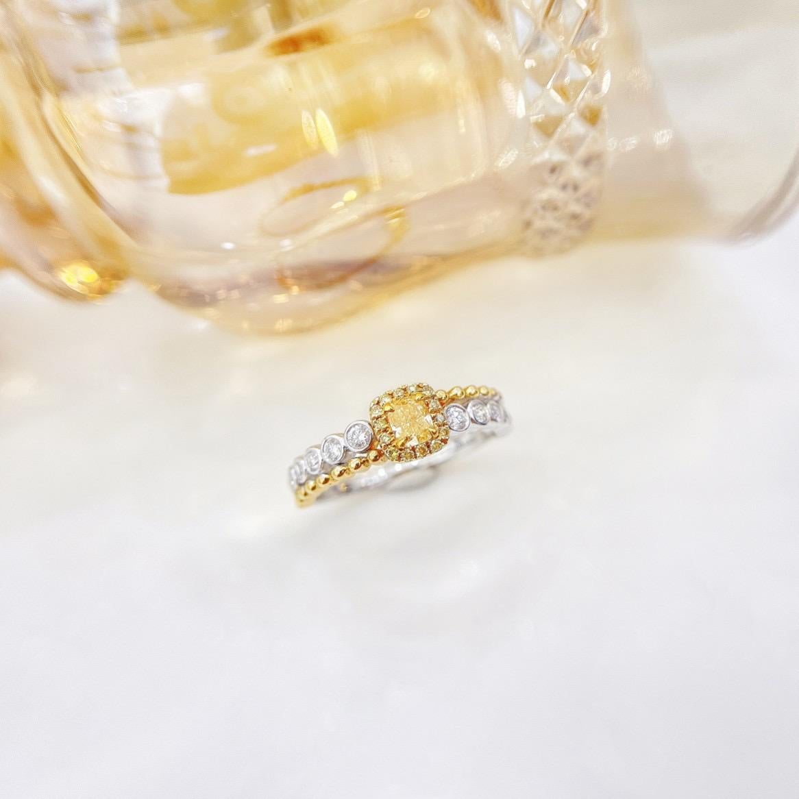 Cushion Cut 18K White & Yellow Gold Yellow Diamond Ring with Diamonds For Sale