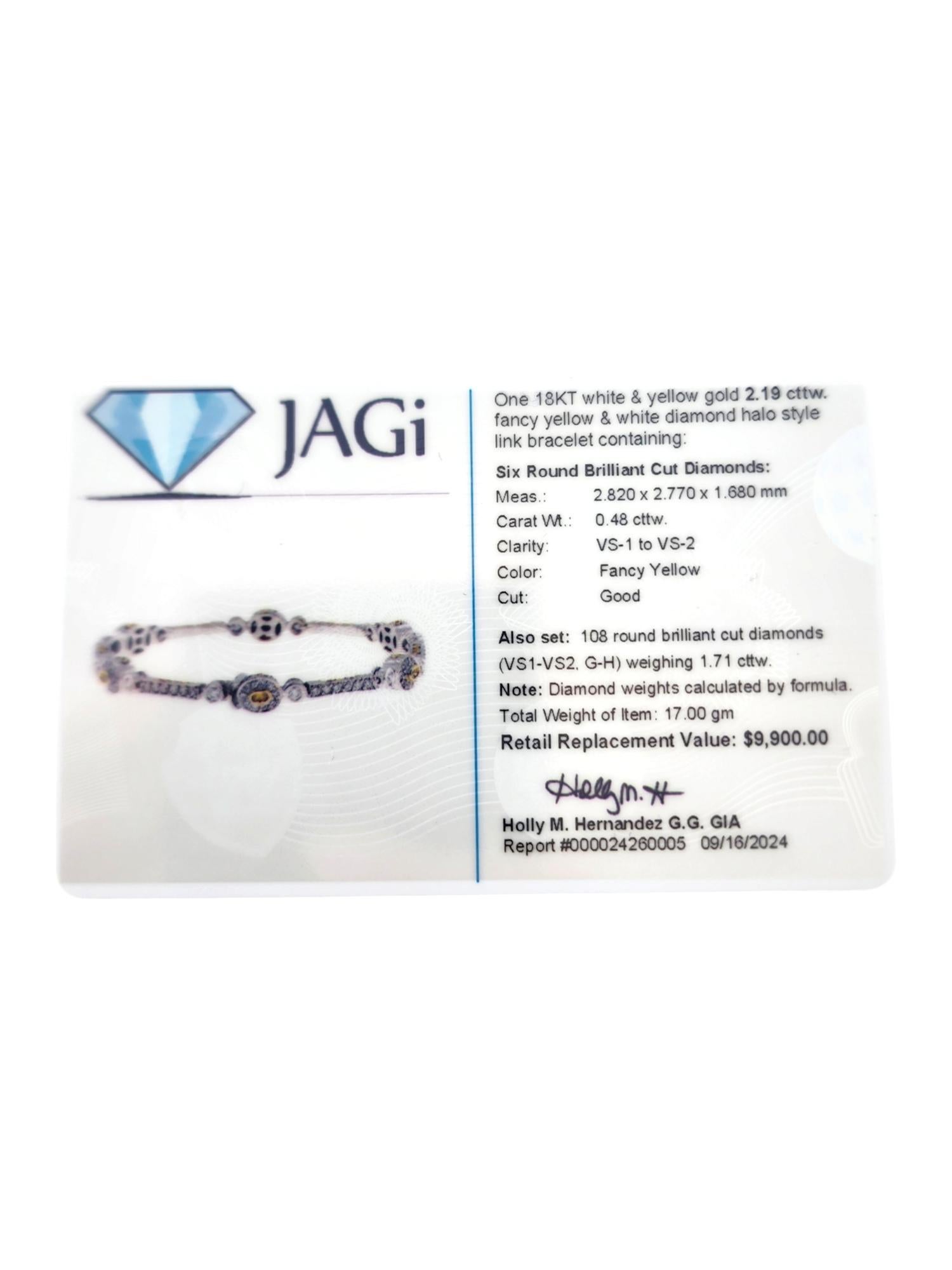 18K White & Yellow Gold Yellow White Diamond Halo Style Link Bracelet #19023 For Sale 2