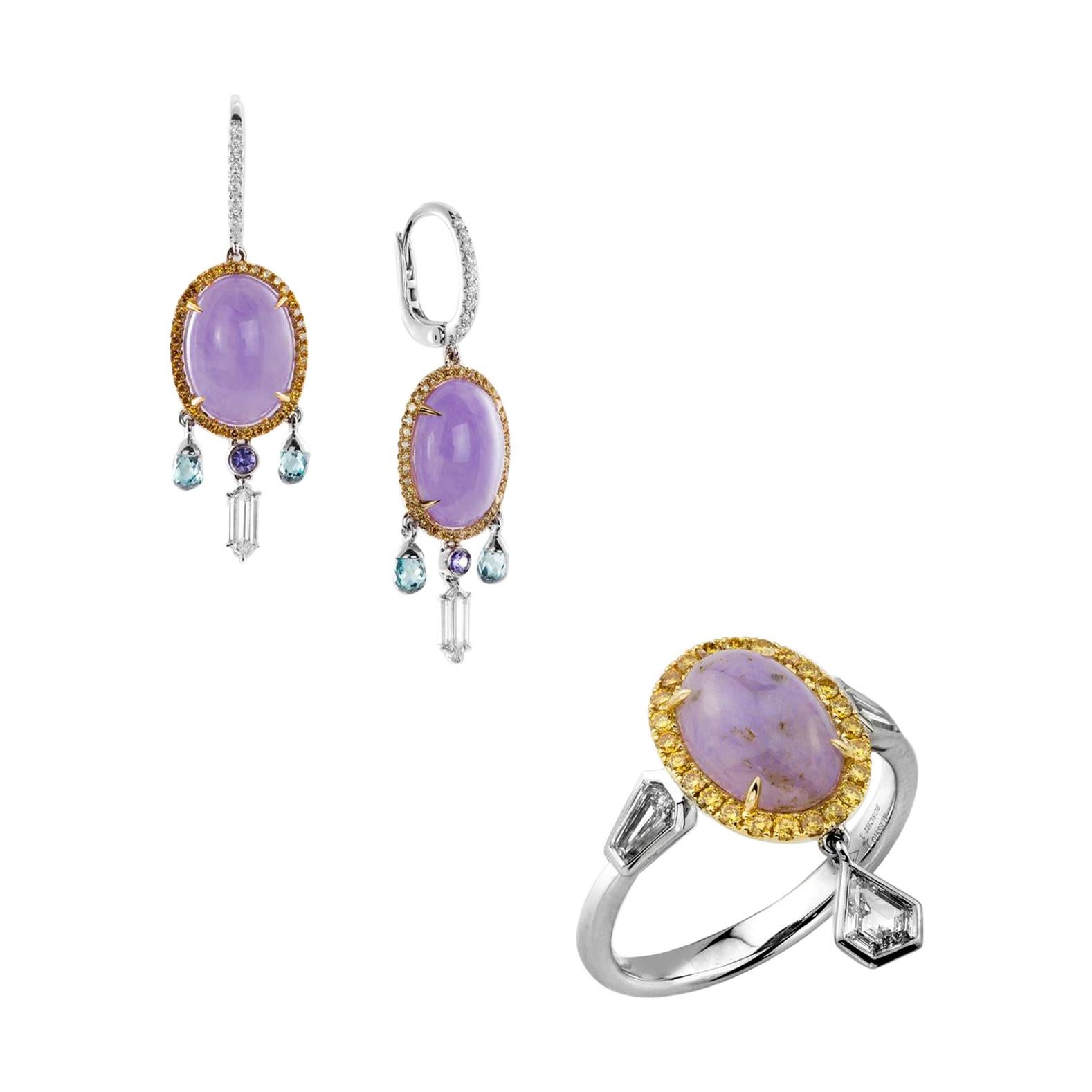 Ensemble boucles d'oreilles et bague en or blanc/jaune/rose 18 carats, diamants, saphirs et jades