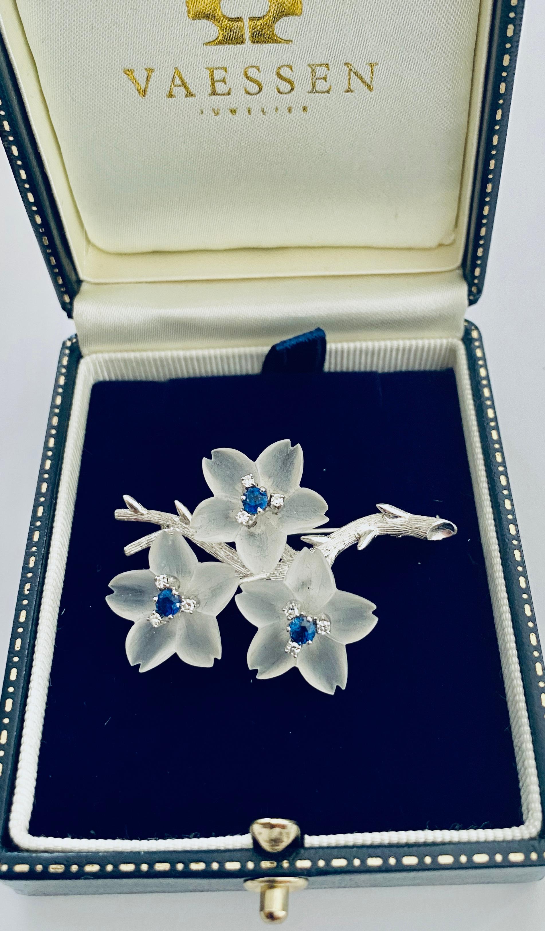 Round Cut 18 Karat White Gold Branch Brooch with Apple Blossom, Austria, 1960 For Sale