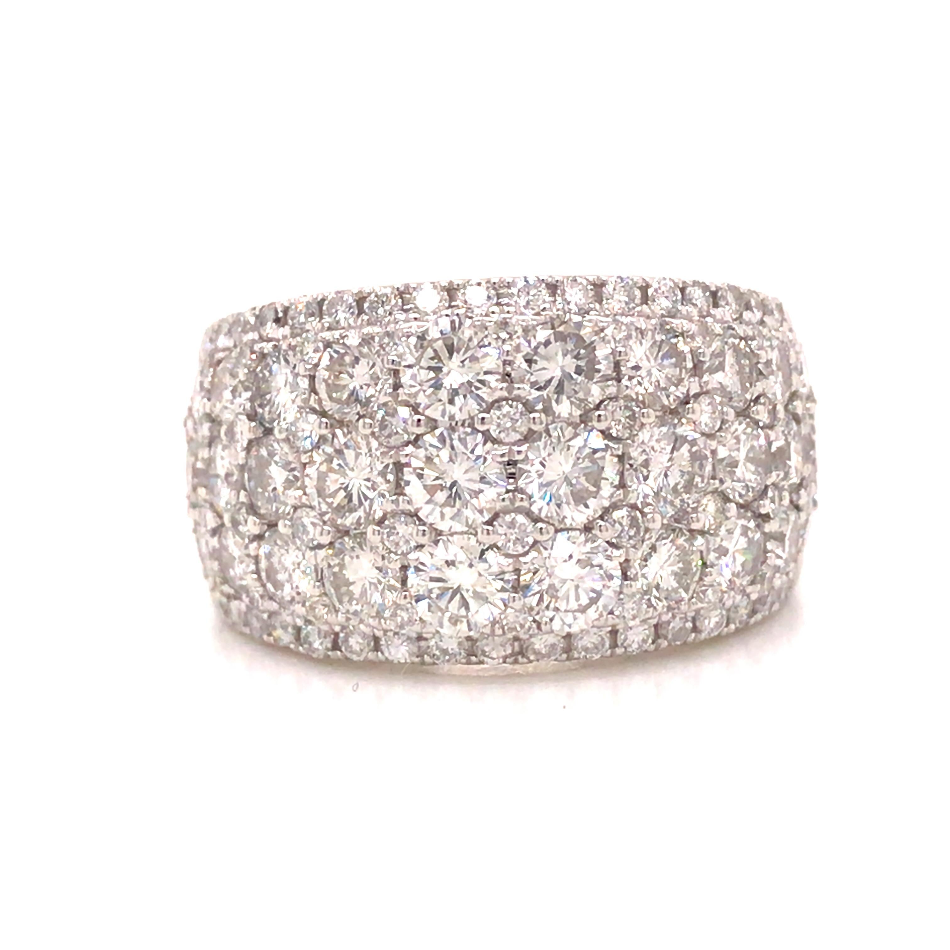 Wide Diamond Band in 18K White Gold.  Round Brilliant Cut Diamonds weighing 3.65 carat total weight, G-H in color and VS-SI in clarity are expertly set.  The Band measures 7/16 inch in width.  Ring size 6. 9.48 grams.