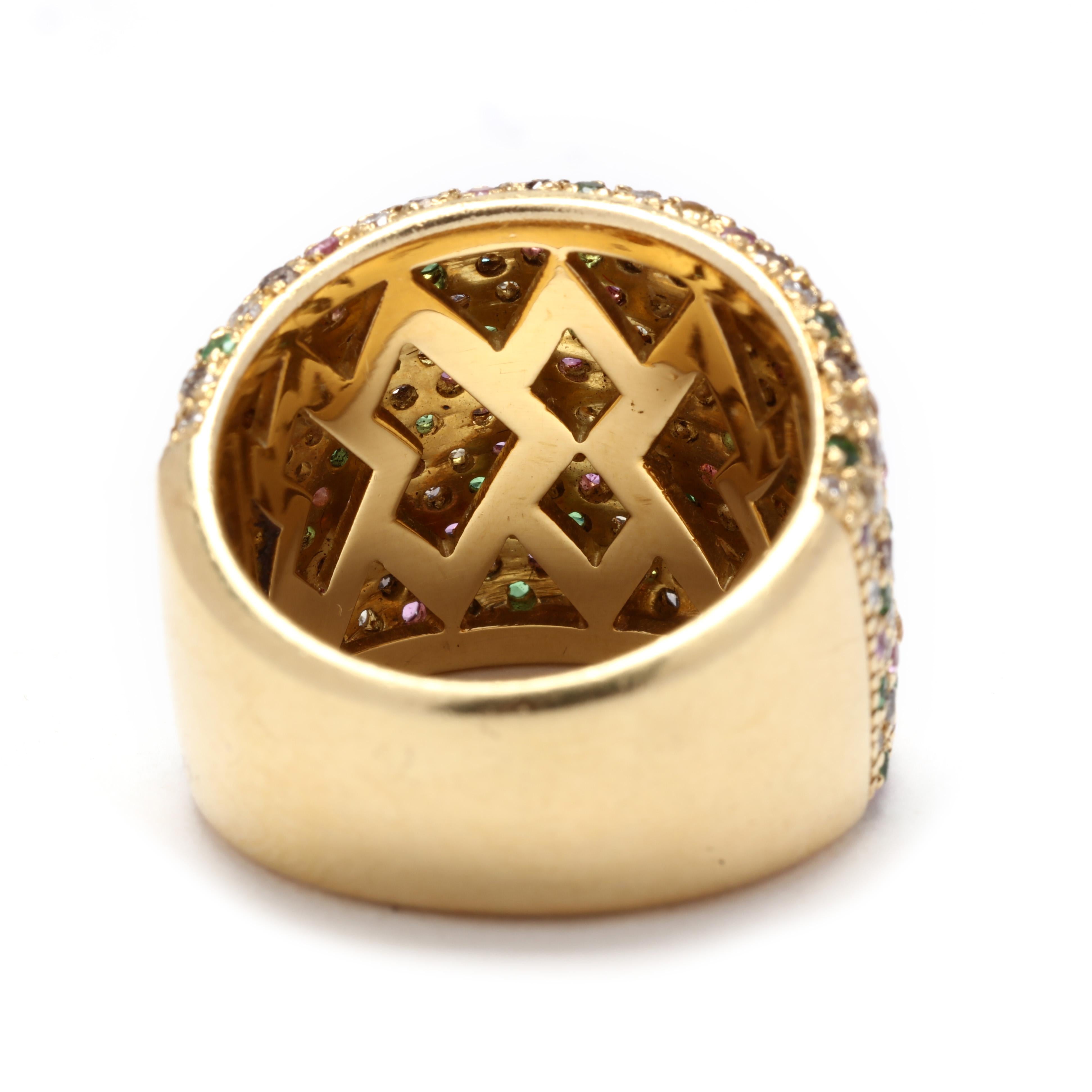 Taille ronde Bague jonc large 18 carats pavé de diamants, saphirs roses, grenats tsavorites et autres en vente