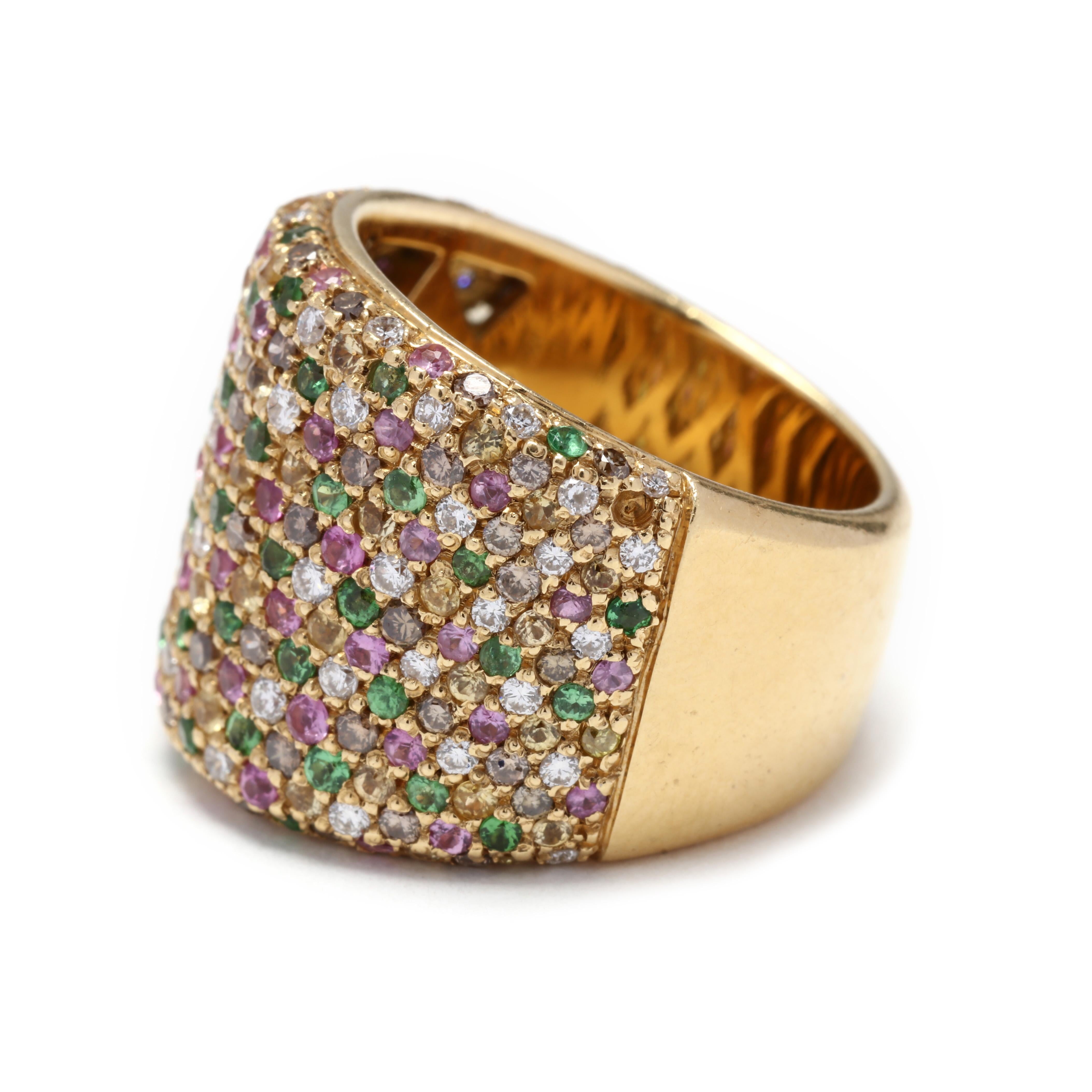18K Wide Pave Diamond, Pink Sapphire, Tsavorite Garnet & More Band Ring In Good Condition For Sale In McLeansville, NC