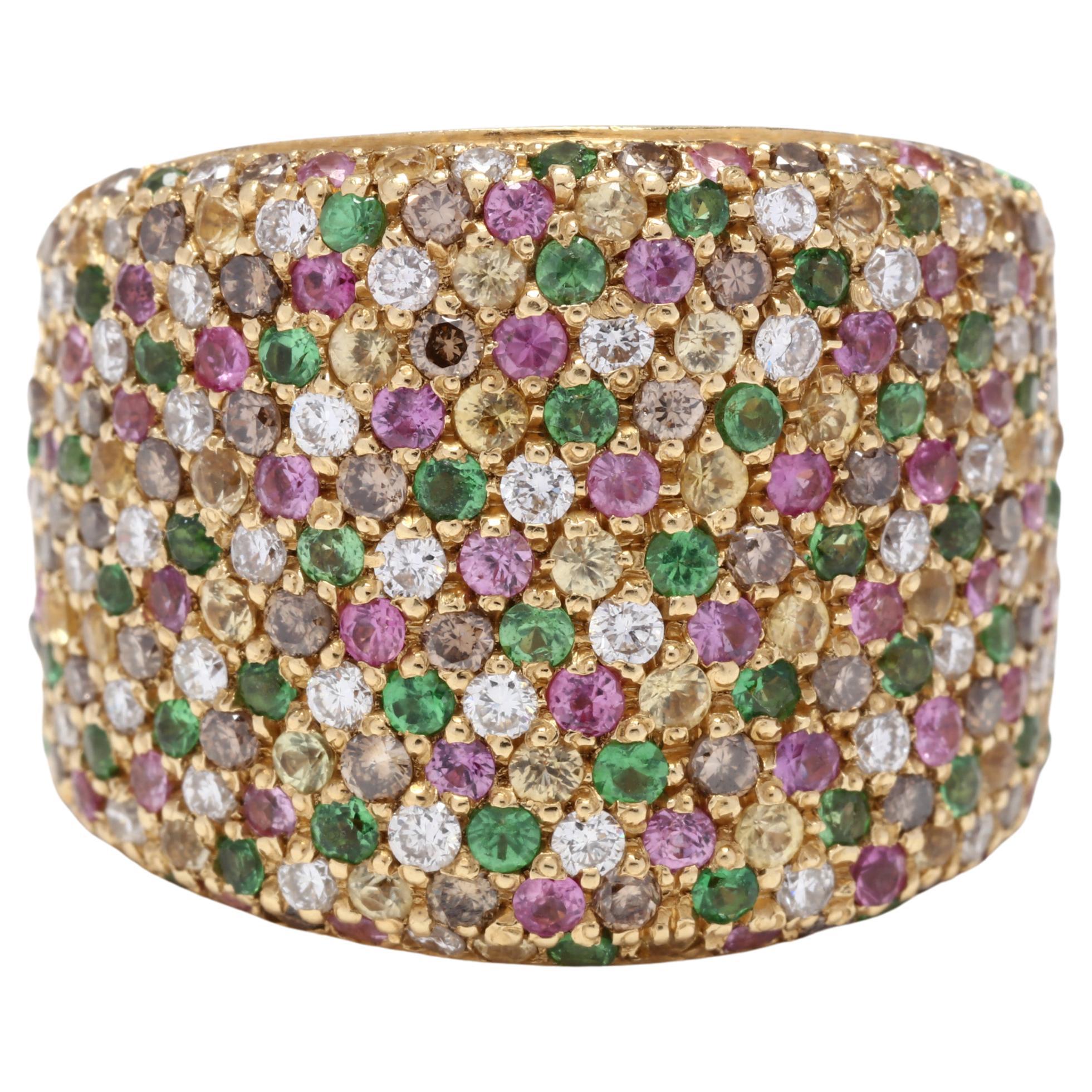 18K Wide Pave Diamond, Pink Sapphire, Tsavorite Garnet & More Band Ring