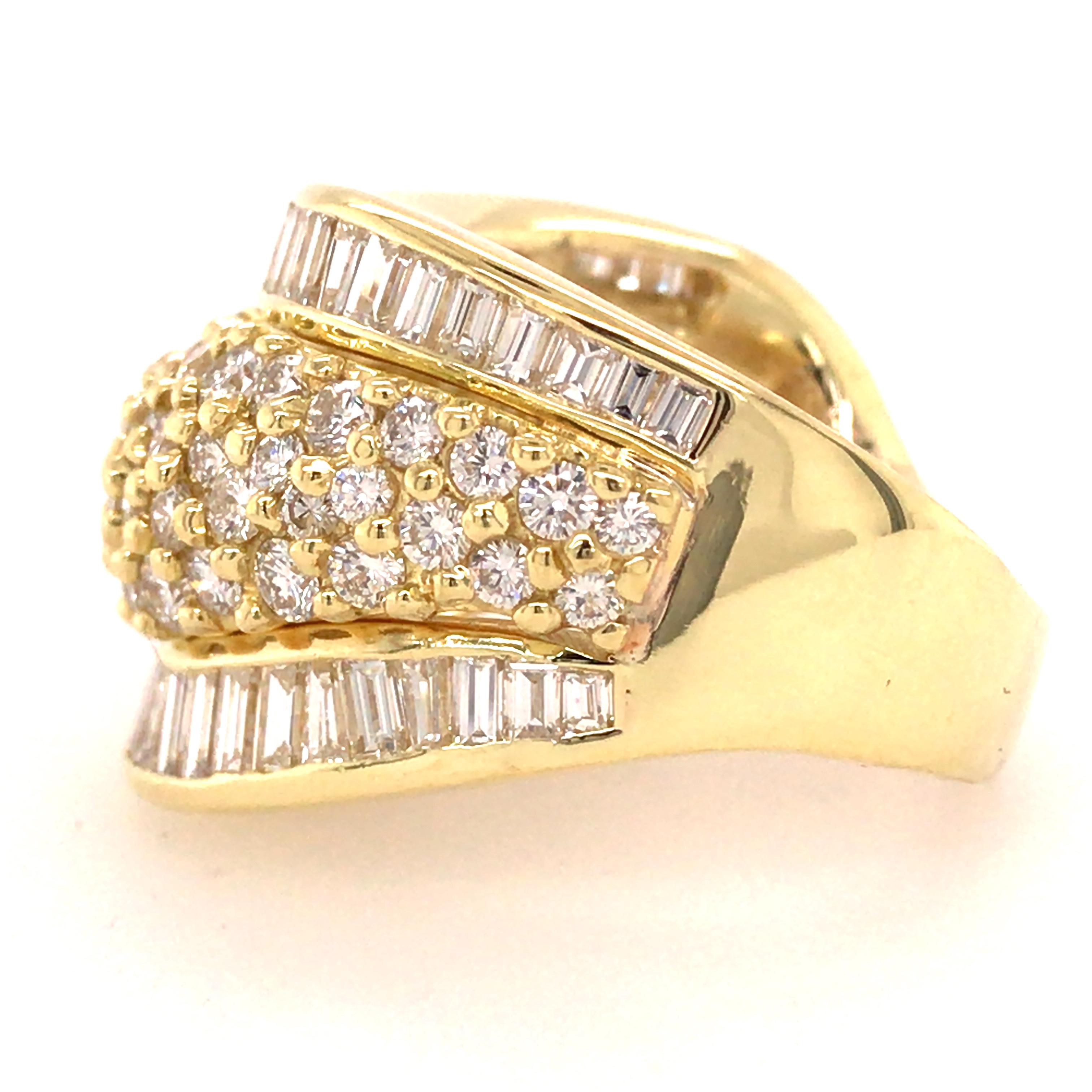 Baguette Cut 18 Karat Wide Round and Baguette Diamond Band Yellow Gold For Sale