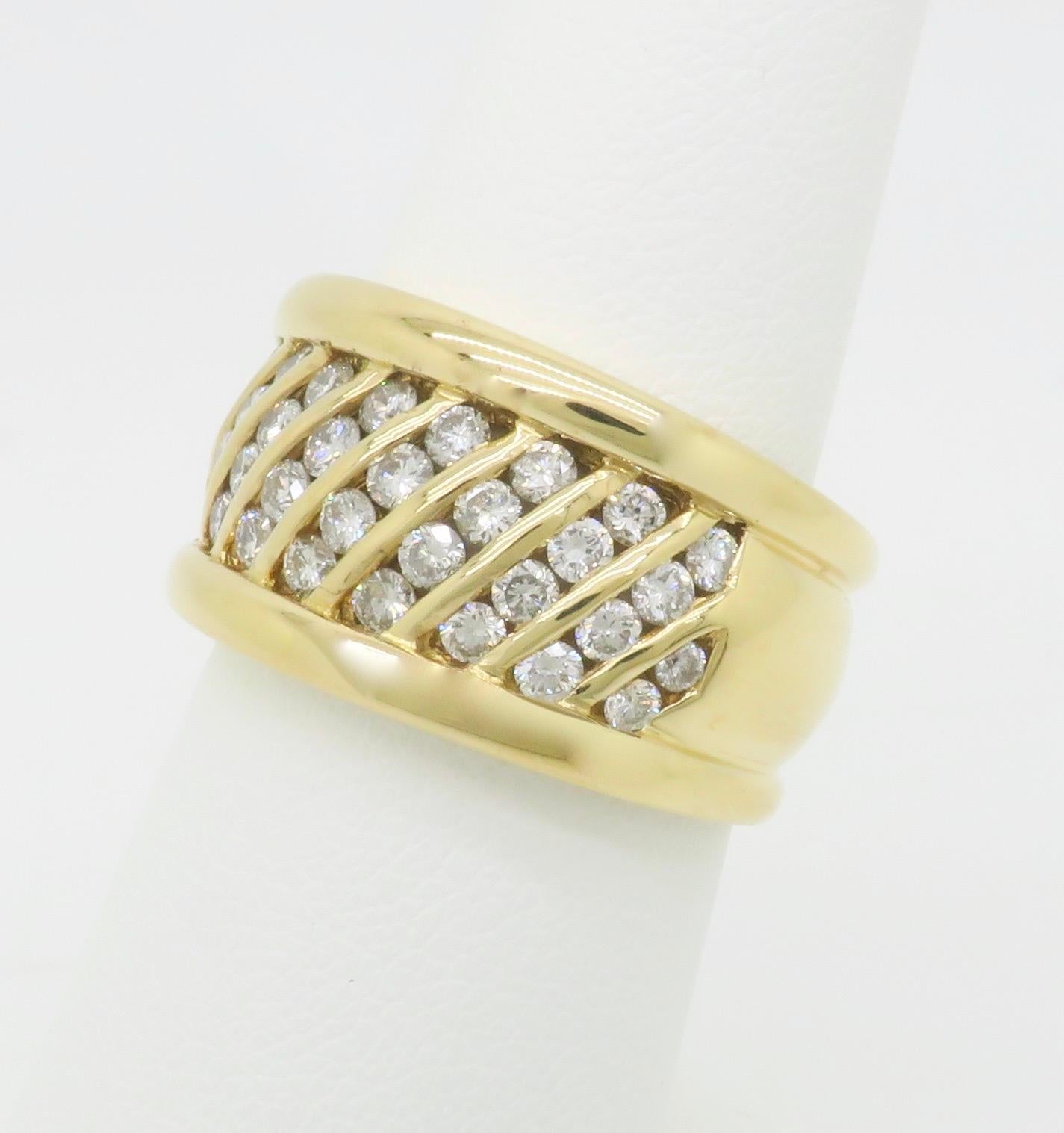 Round Cut 18k Wide Yellow Gold Diamond Band Cocktail Ring For Sale