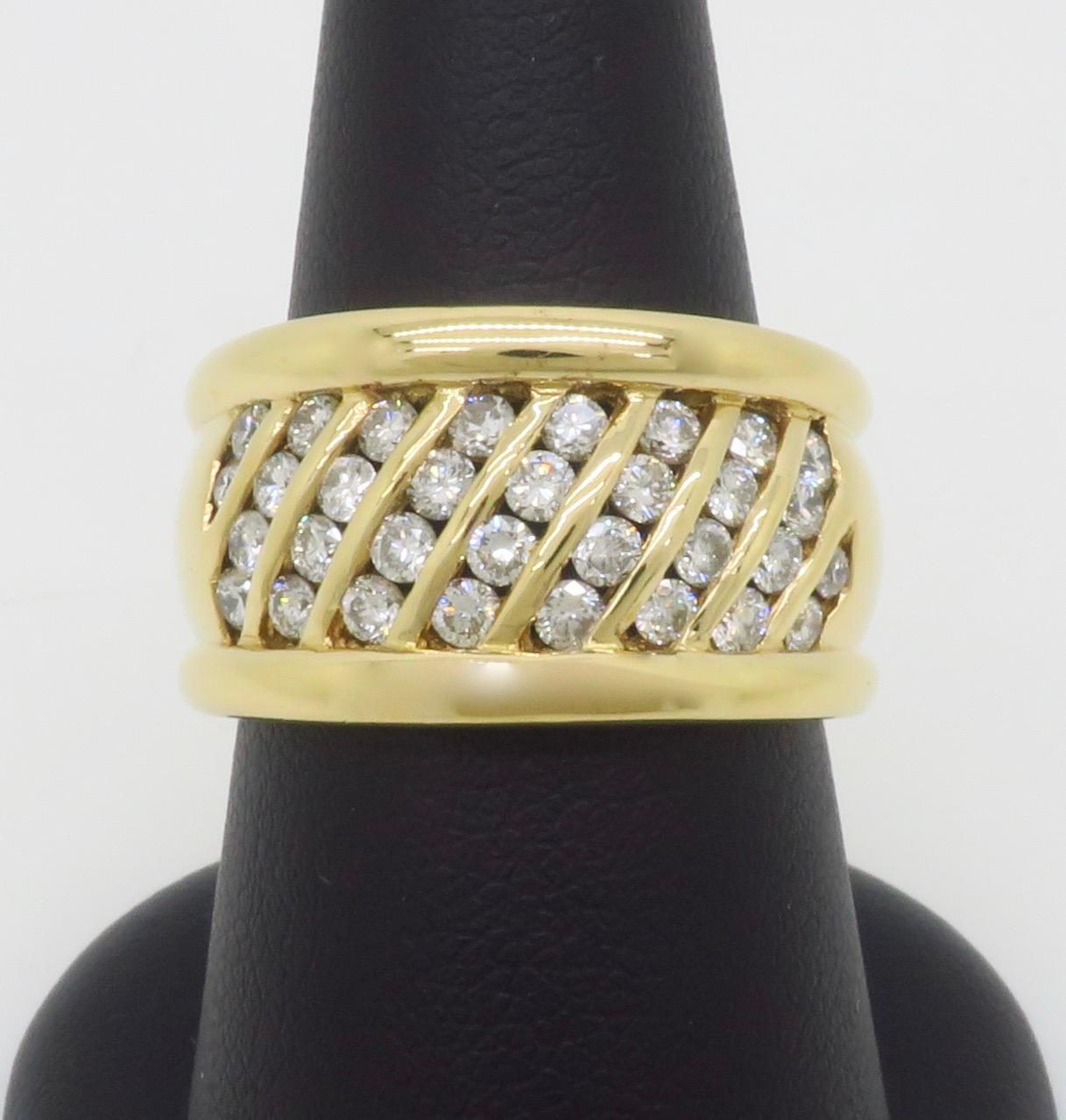 Women's 18k Wide Yellow Gold Diamond Band Cocktail Ring For Sale