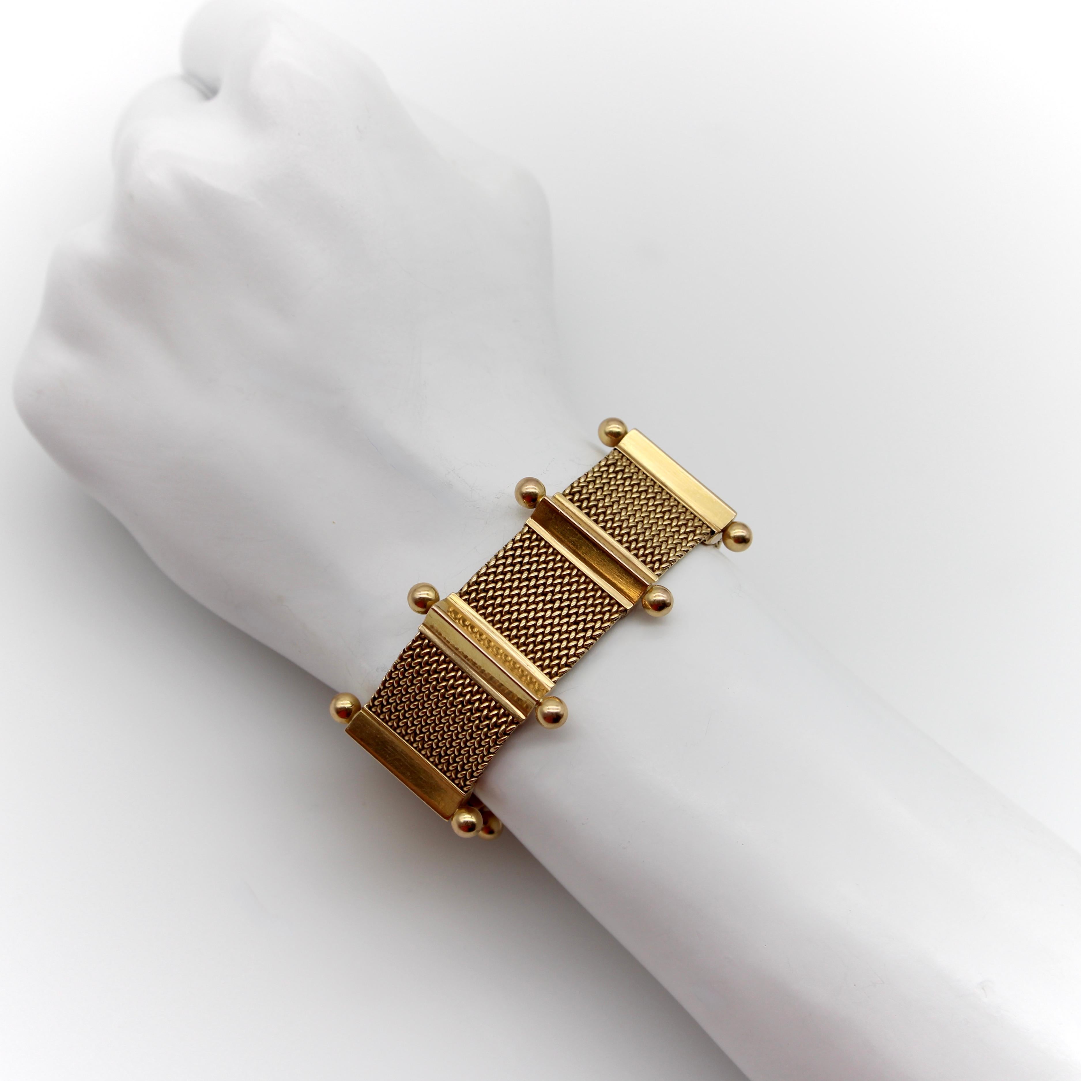 18K Woven Gold Mid-Century Modern  Bracelet with Ball Finials In Good Condition For Sale In Venice, CA