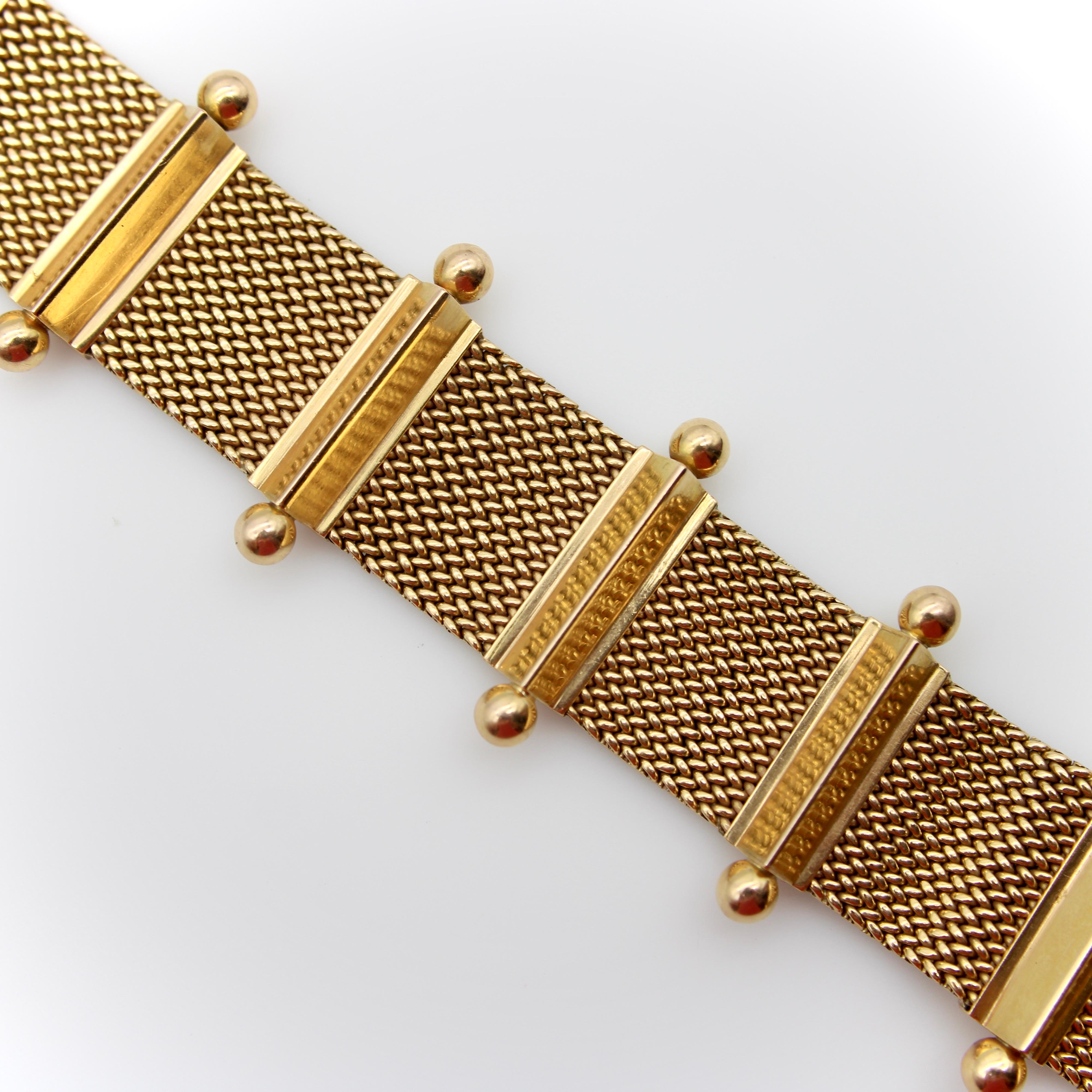 Women's or Men's 18K Woven Gold Mid-Century Modern  Bracelet with Ball Finials For Sale