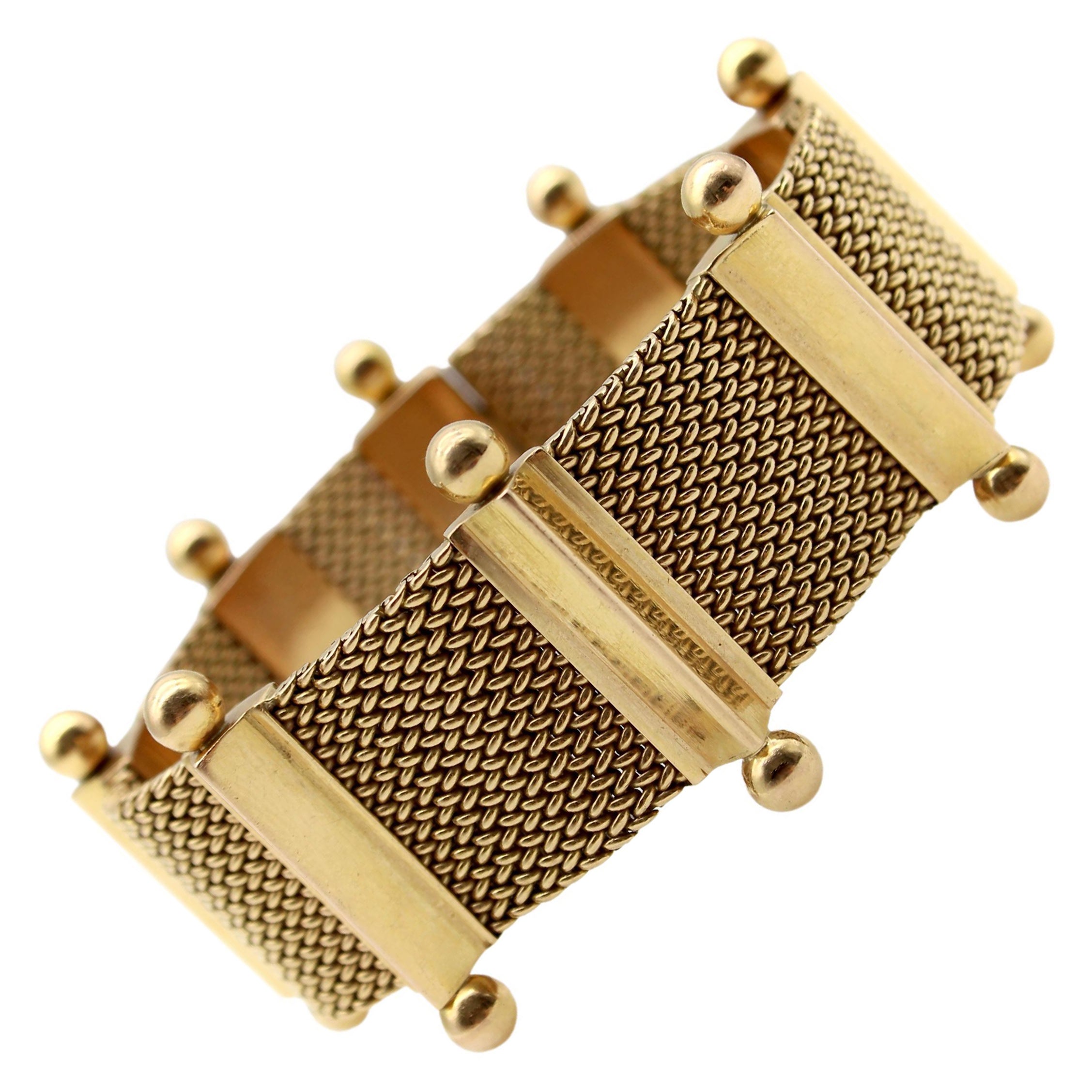 18K Woven Gold Mid-Century Modern  Bracelet with Ball Finials For Sale