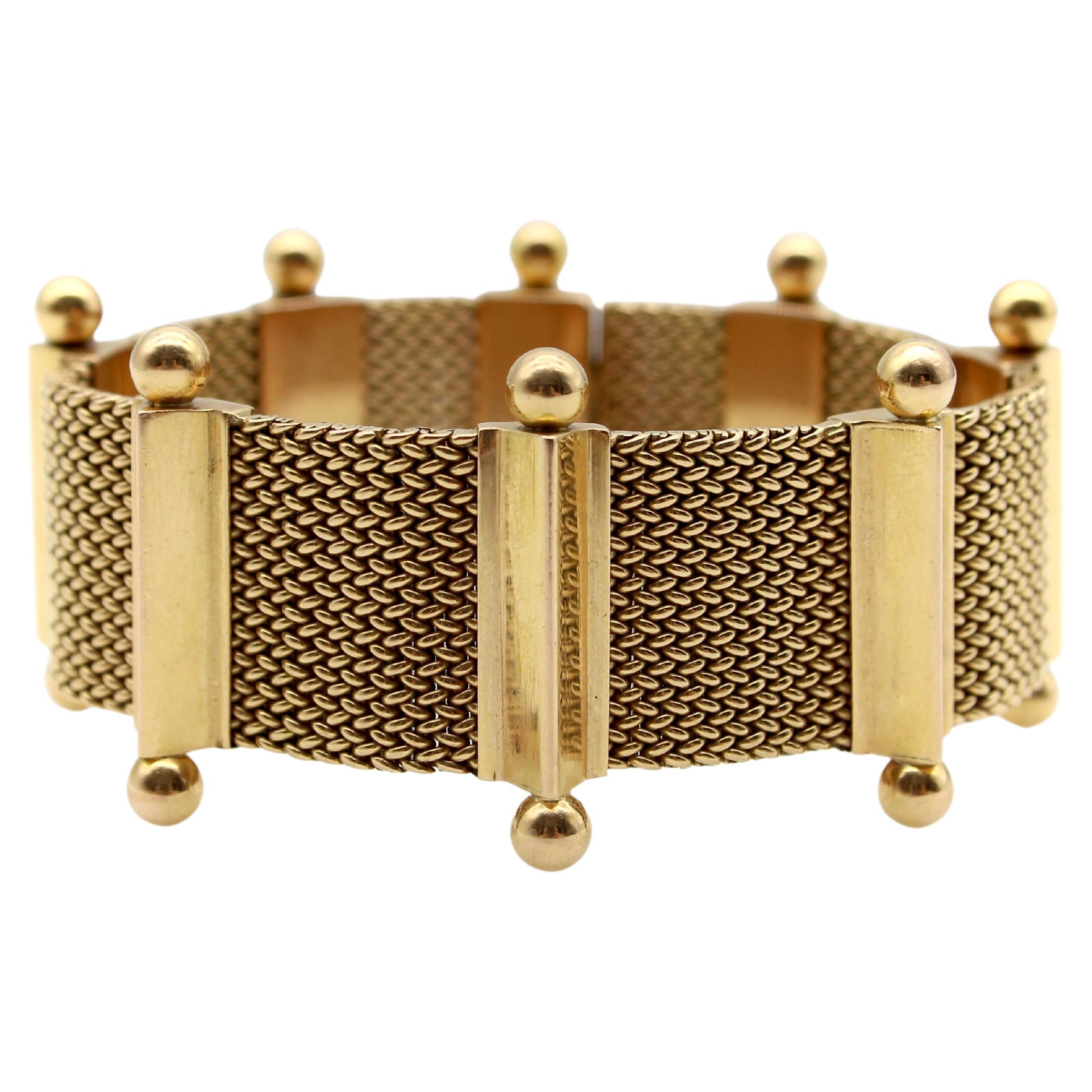 18K Woven Gold Mid-Century Modern  Bracelet with Ball Finials For Sale