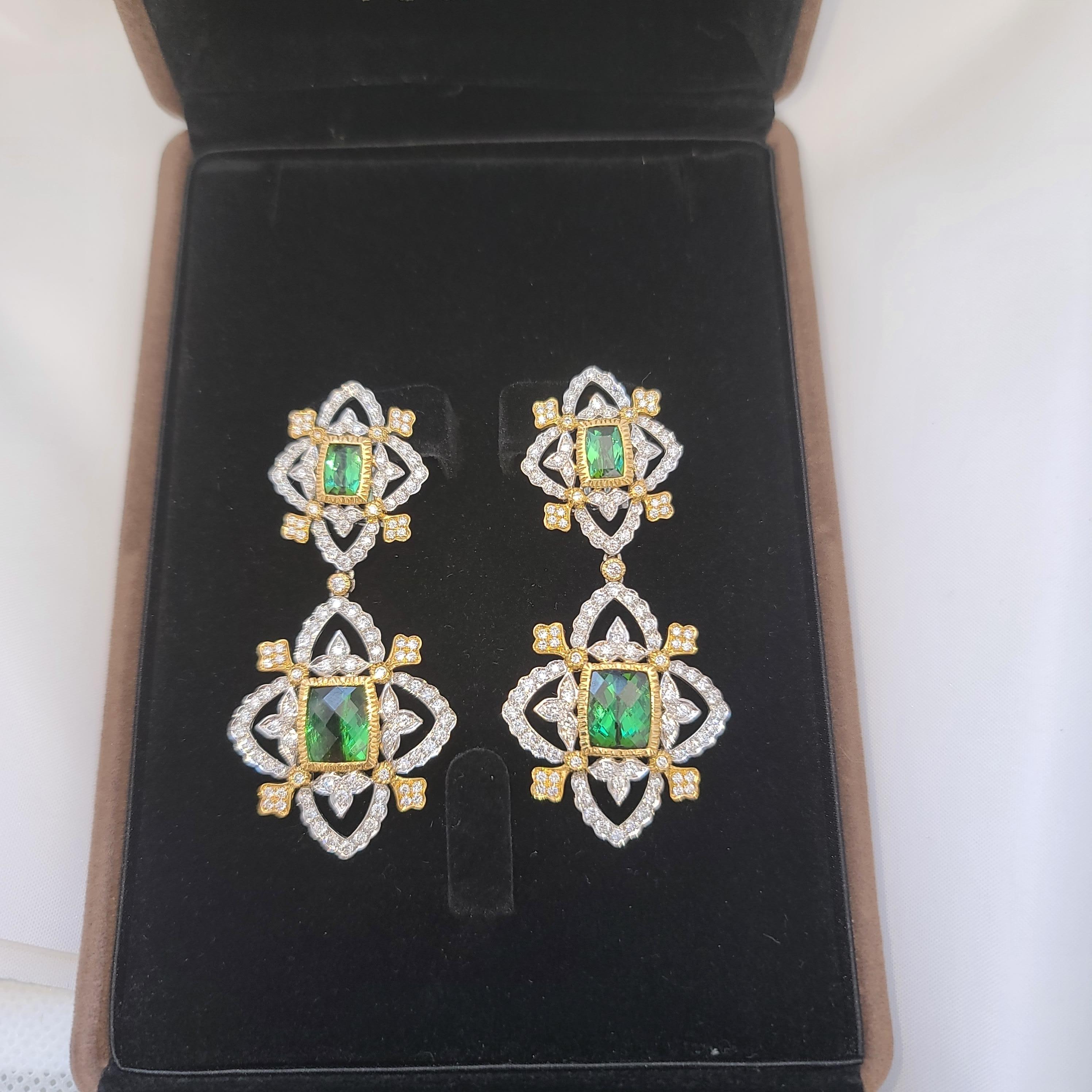 Emerald Cut 18K WY Gold Diamonds and Green Tourmaline Goddess Drop Dangle Earrings One Piece