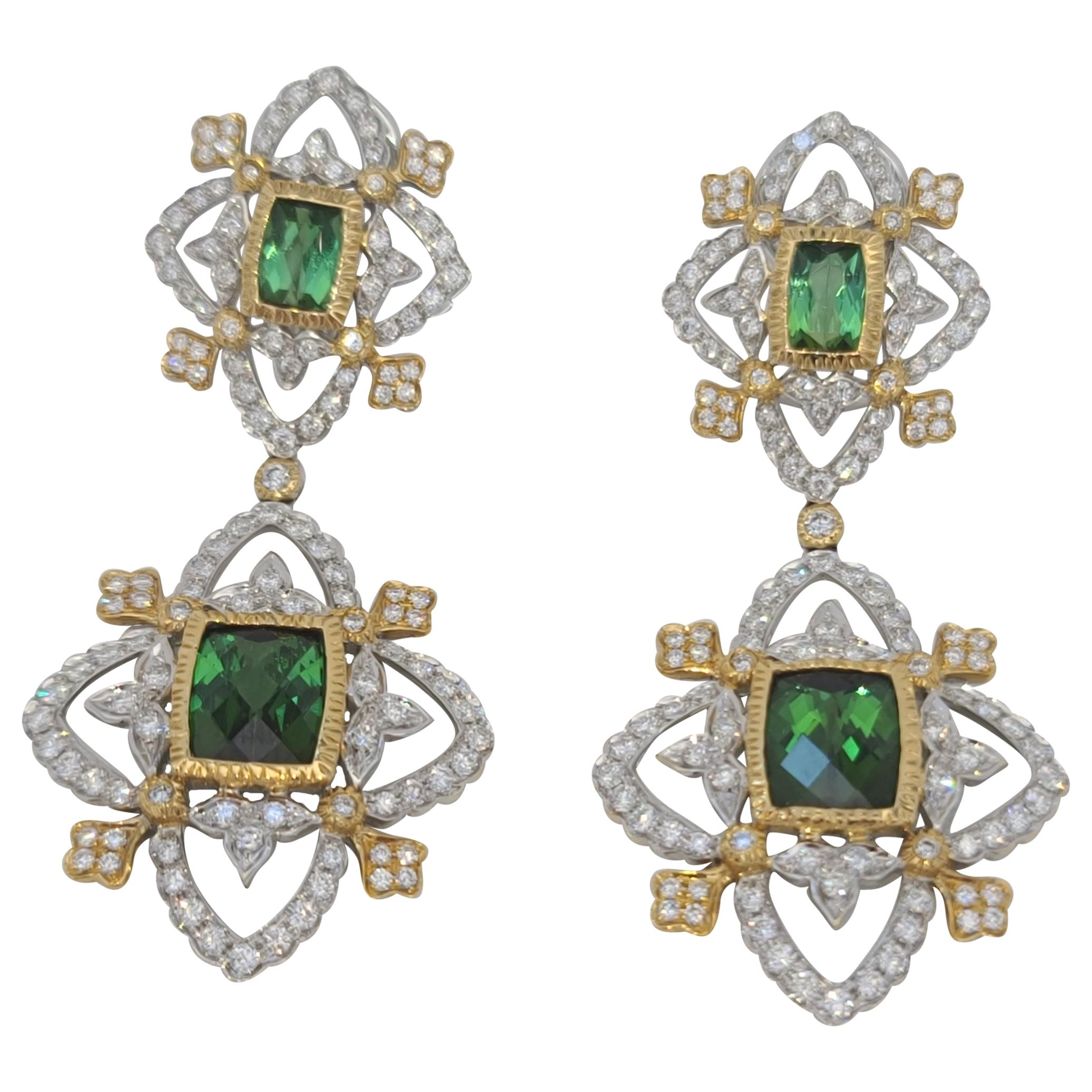 18K WY Gold Diamonds and Green Tourmaline Goddess Drop Dangle Earrings One Piece