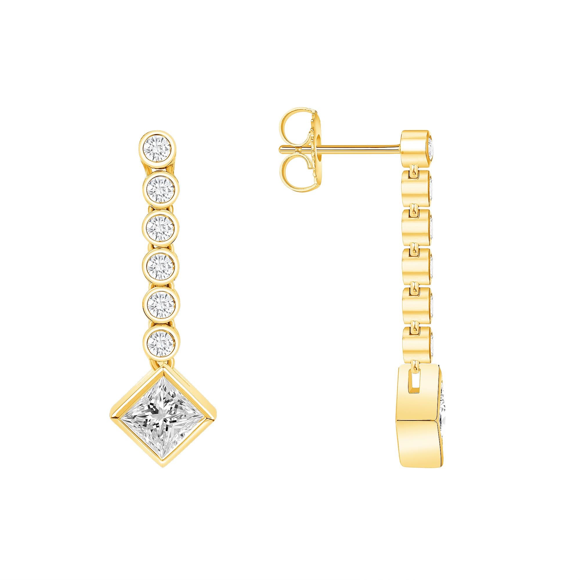 Modern 18k Y-Gold Princess Cut Drop Earring, Dangling Earring, Dainty Bridal Jewelry For Sale