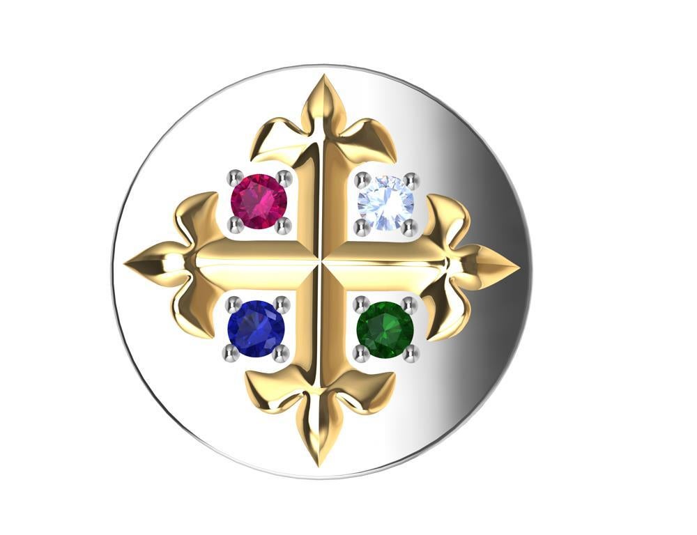 For Sale:  18K Yellow 18K White Fleur-de-Lis Diamond, Sapphire, Ruby Emerald Signet Ring 7