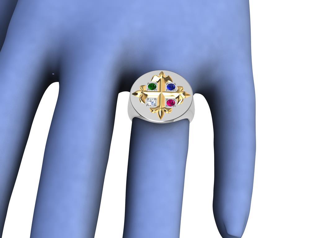 For Sale:  18K Yellow 18K White Fleur-de-Lis Diamond, Sapphire, Ruby Emerald Signet Ring 8