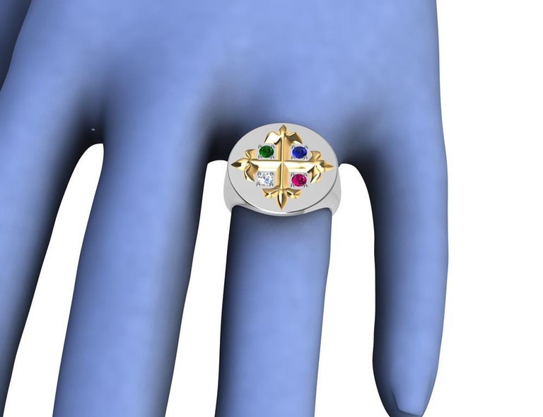 For Sale:  18K Yellow 18K White Fleur-de-Lis Diamond, Sapphire, Ruby Emerald Signet Ring 3