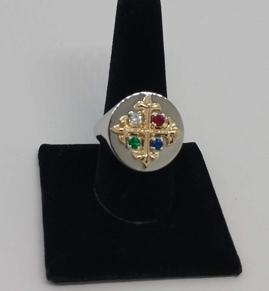For Sale:  18K Yellow 18K White Fleur-de-Lis Diamond, Sapphire, Ruby Emerald Signet Ring 6