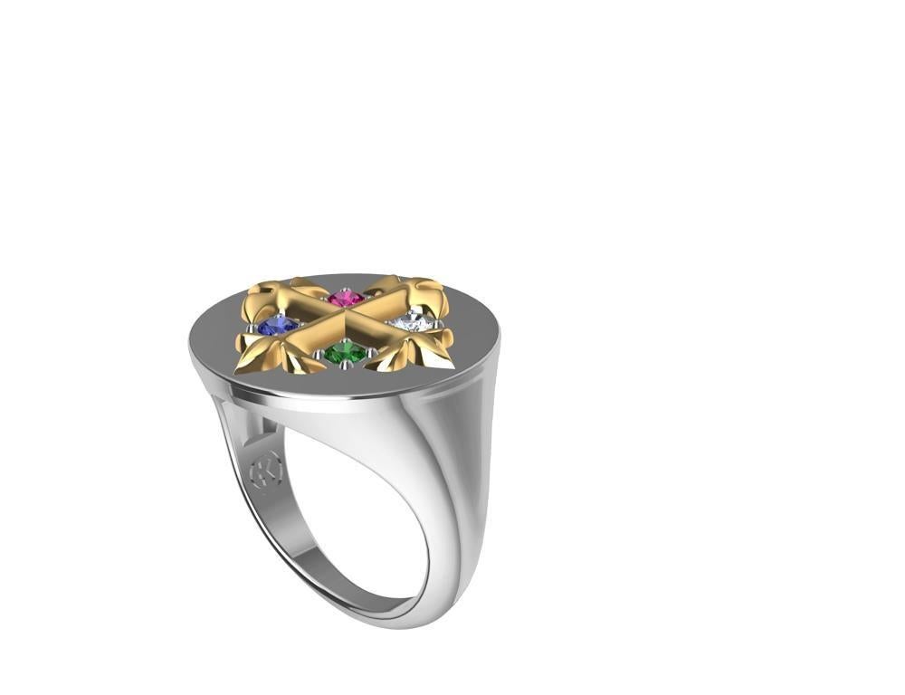 For Sale:  18K Yellow 18K White Fleur-de-Lis Diamond, Sapphire, Ruby Emerald Signet Ring 9