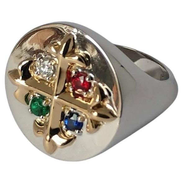 For Sale:  18K Yellow 18K White Fleur-de-Lis Diamond, Sapphire, Ruby Emerald Signet Ring