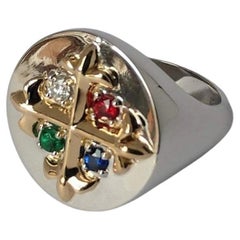 18K Yellow 18K White Fleur-de-Lis Diamond, Sapphire, Ruby Emerald Signet Ring