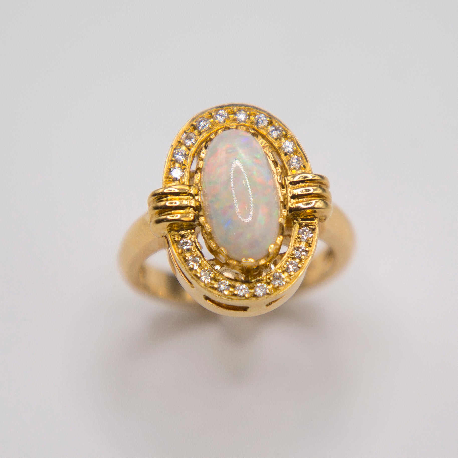 18k Yellow 1.94 Carat Lightning Ridge Red Flash Opal and Diamond Ring For Sale