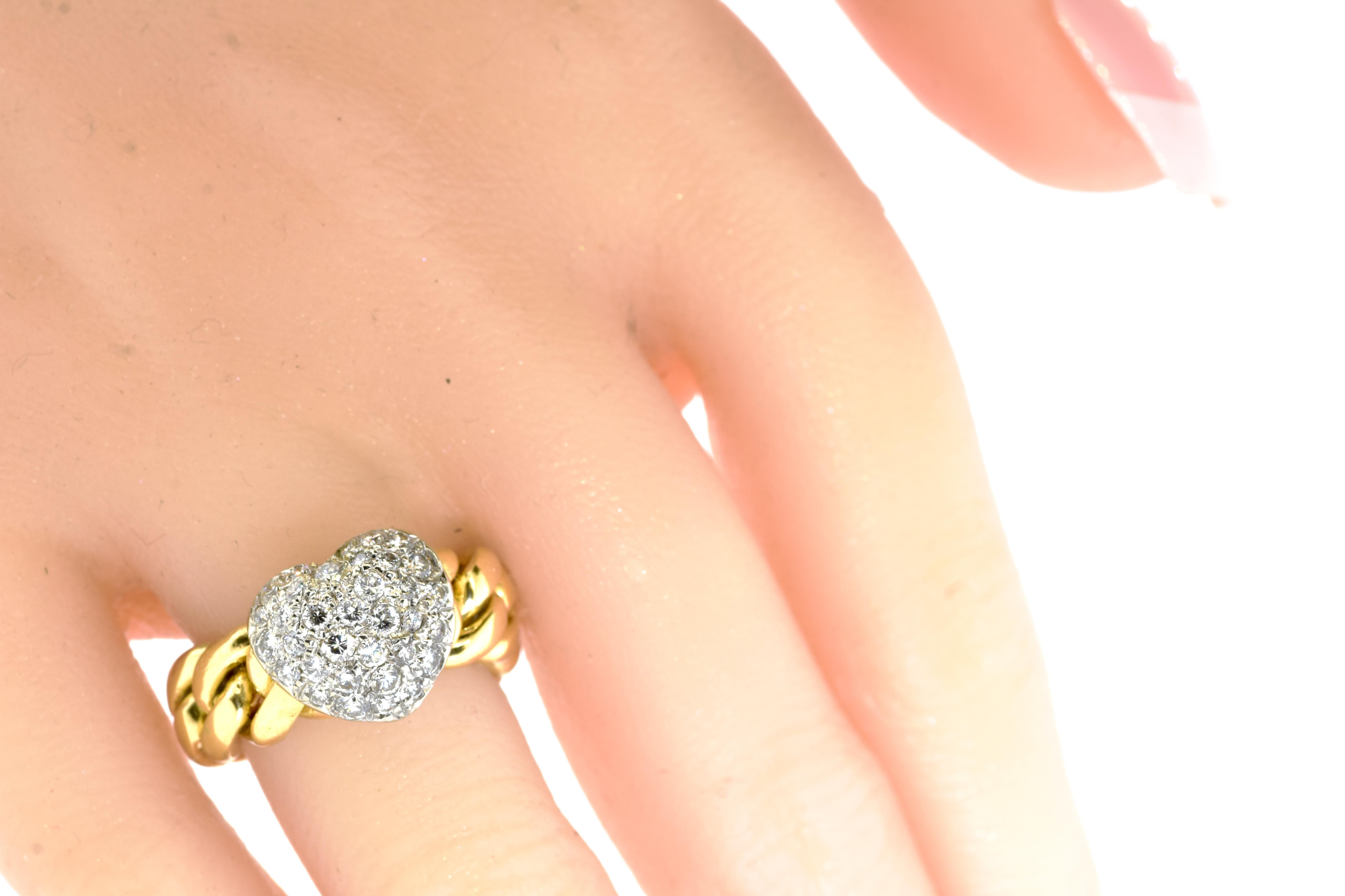 18K Yellow and Platinum Pave Diamond Heart Motif Contemporary Ring 6