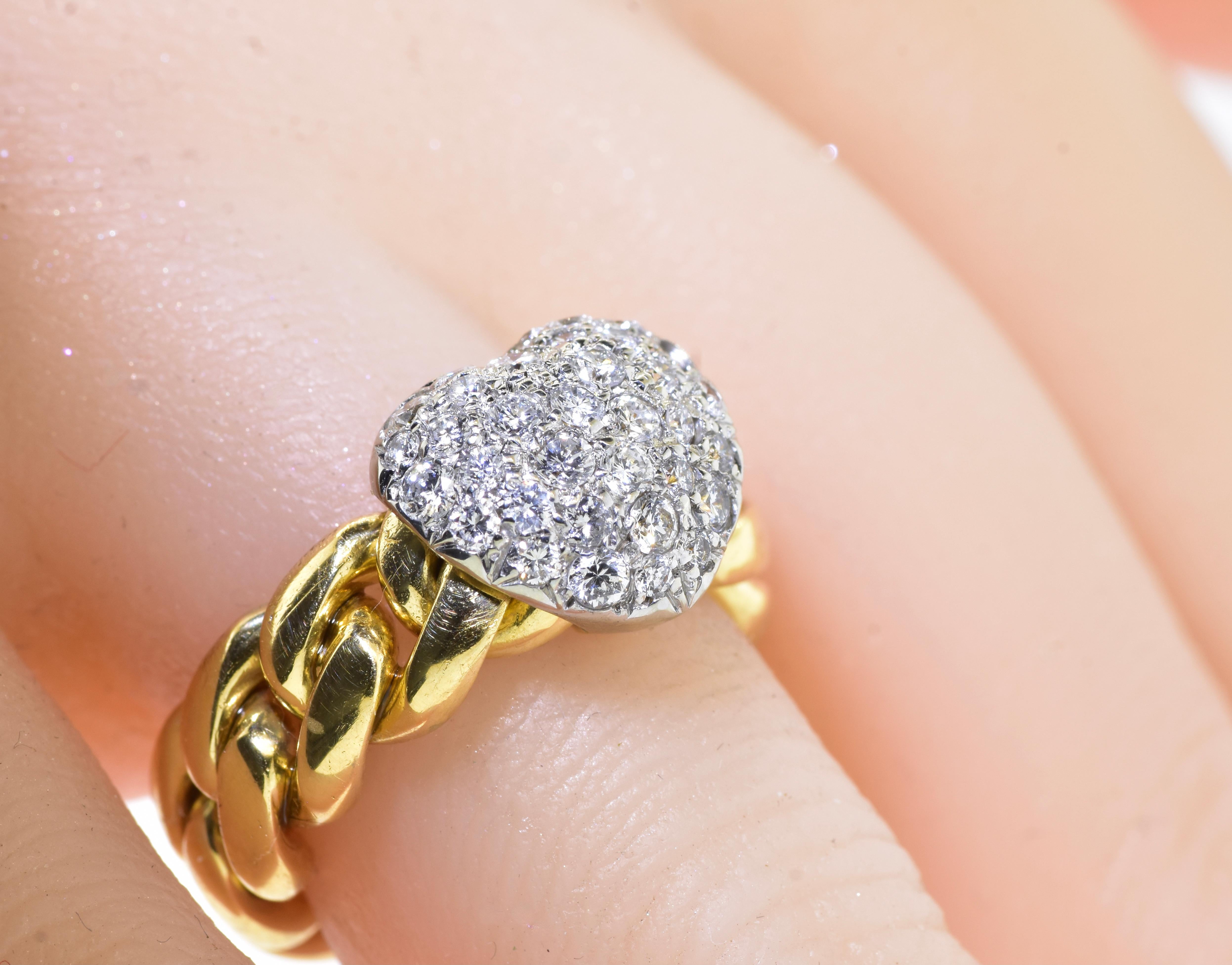 18K Yellow and Platinum Pave Diamond Heart Motif Contemporary Ring 7