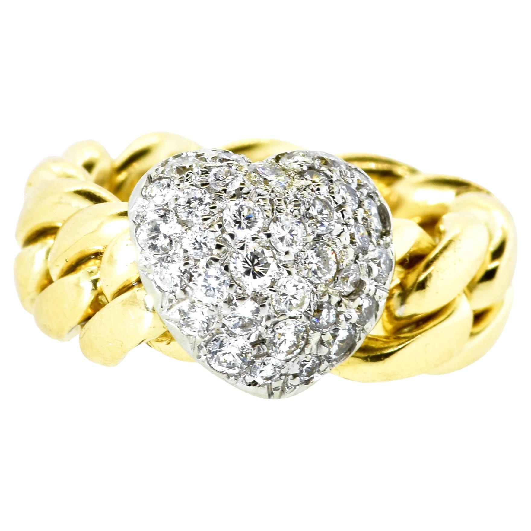 Women's or Men's 18K Yellow and Platinum Pave Diamond Heart Motif Contemporary Ring