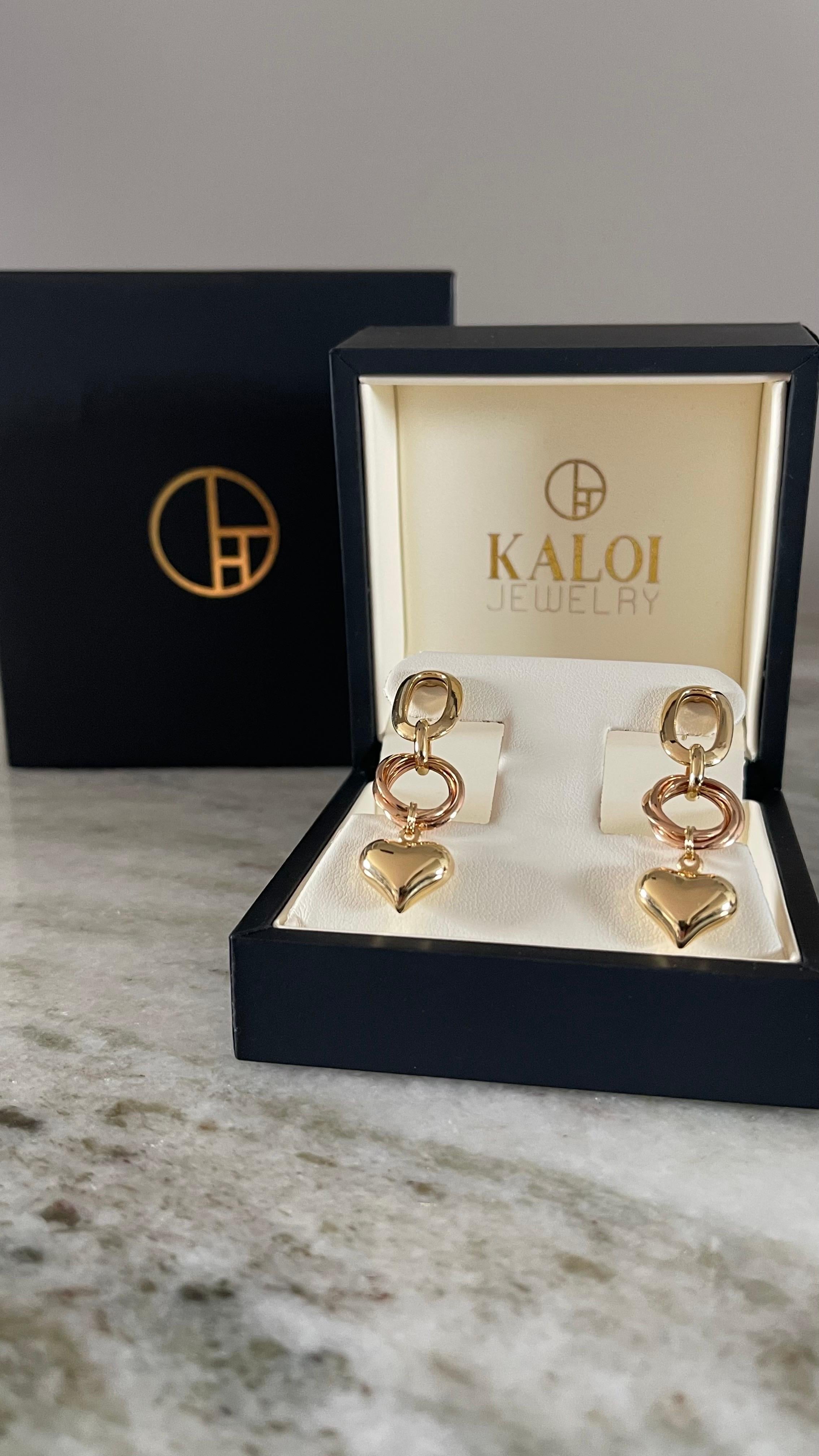 18K Yellow and Rose Gold Heart Charm Drop Earrings, Handcrafted in Brazil For Sale 3