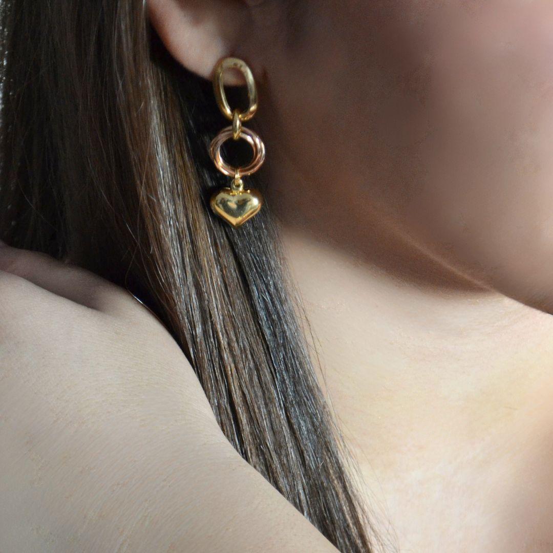 18K Yellow and Rose Gold Heart Charm Drop Earrings, Handcrafted in Brazil For Sale 4