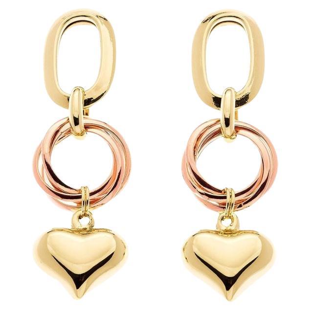 18K Yellow and Rose Gold Heart Charm Drop Earrings, Handcrafted in Brazil For Sale