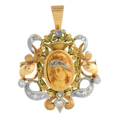 18K Yellow and White Gold 0.45ct Diamond Enamel Cameo Religious Pendant