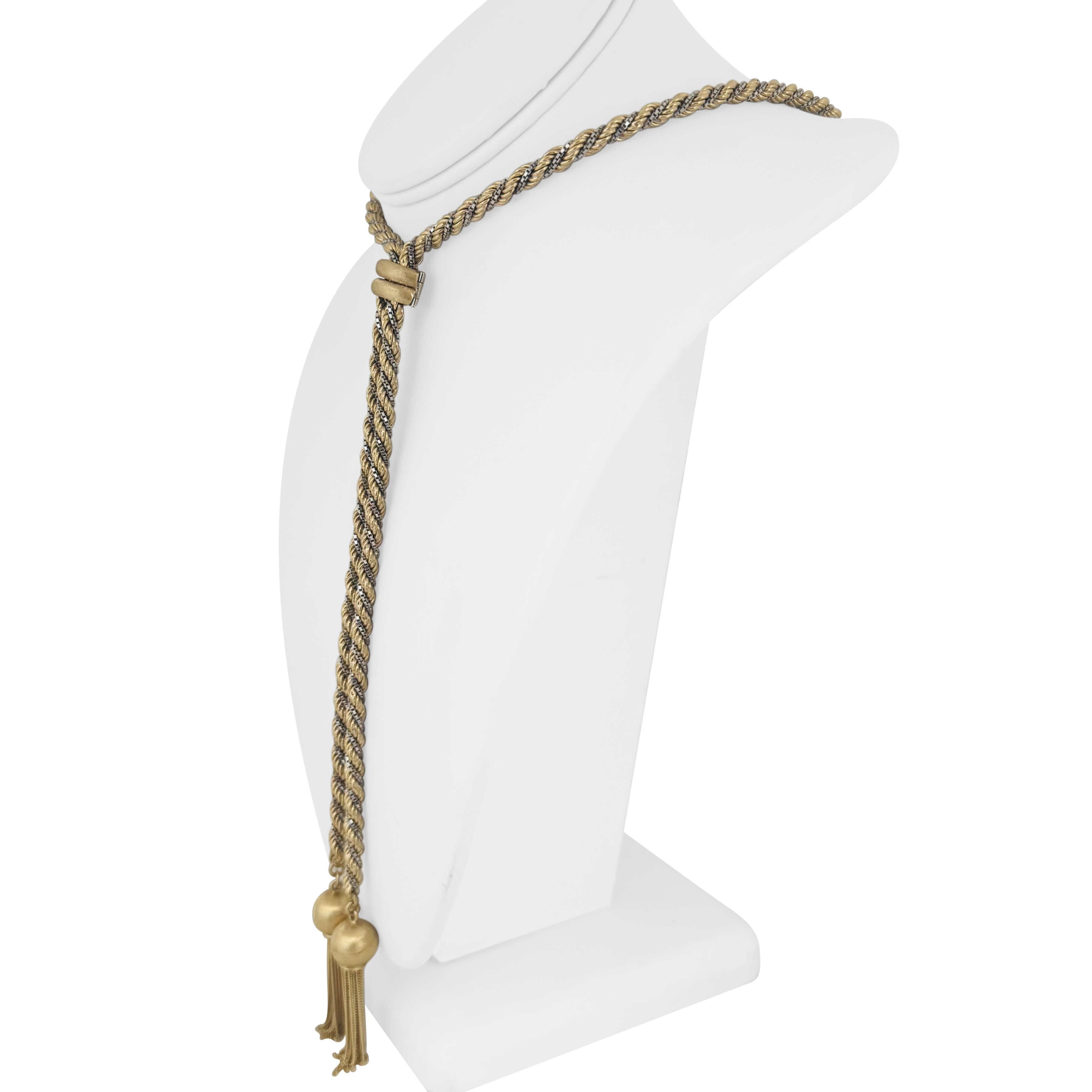 18k Gelb- und Weißgold 75g Heavy Rope Lariat Tassel Halskette Italien 40