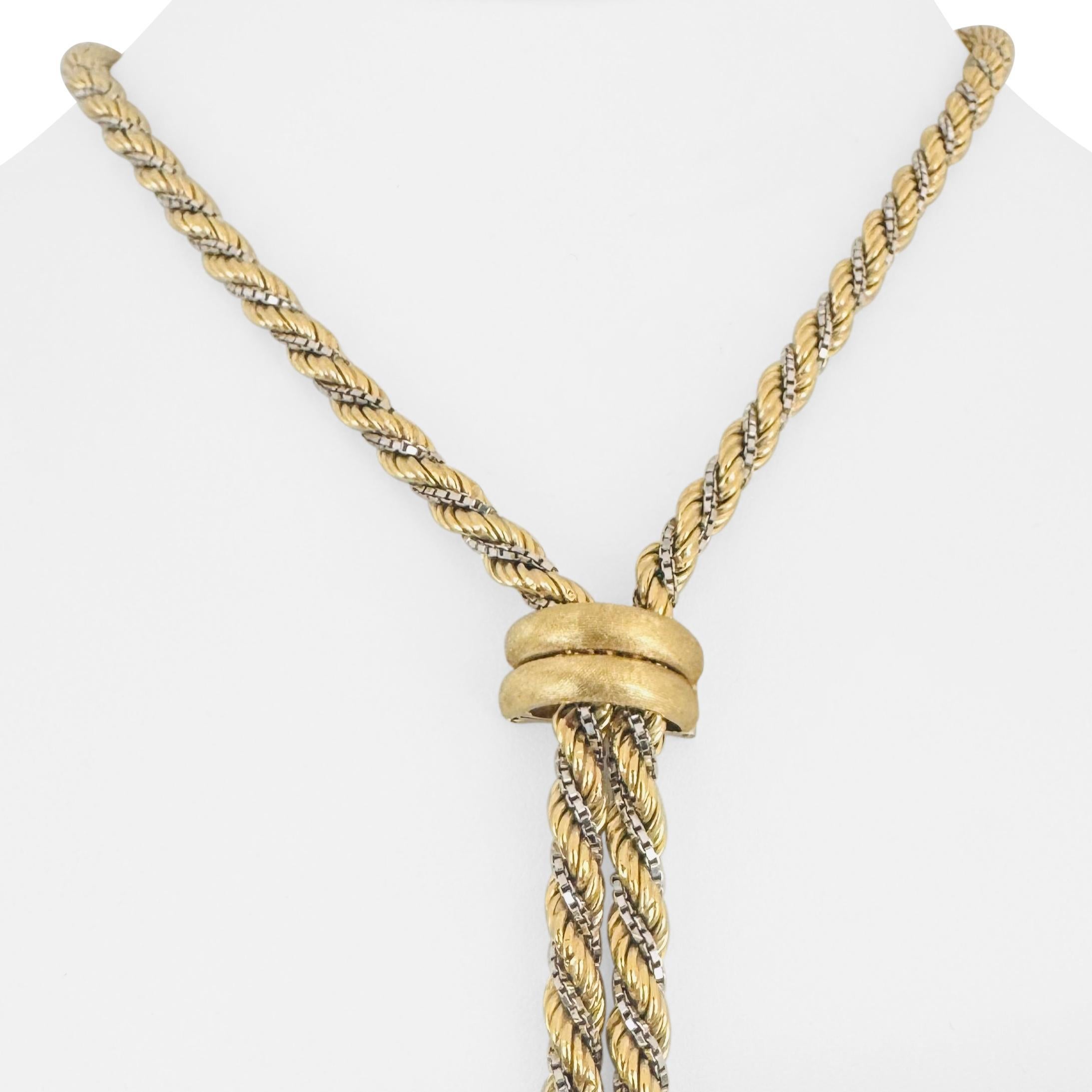 18k Gelb- und Weißgold 75g Heavy Rope Lariat Tassel Halskette Italien 40