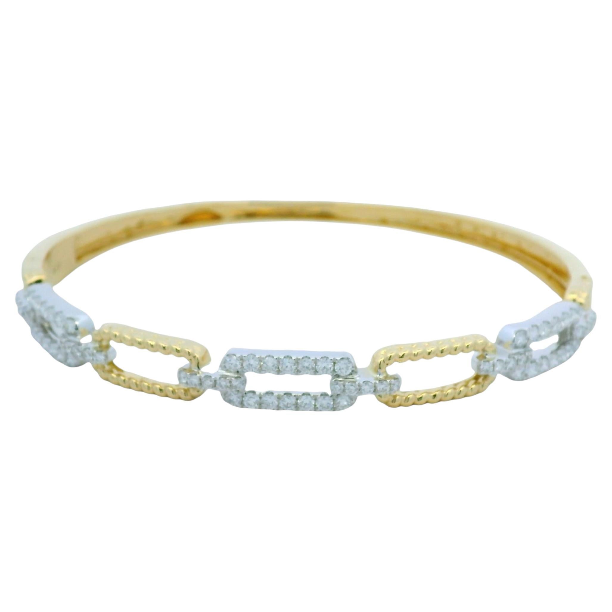 18K Yellow and White Gold Alternating Diamond Link Bangle Bracelet For Sale