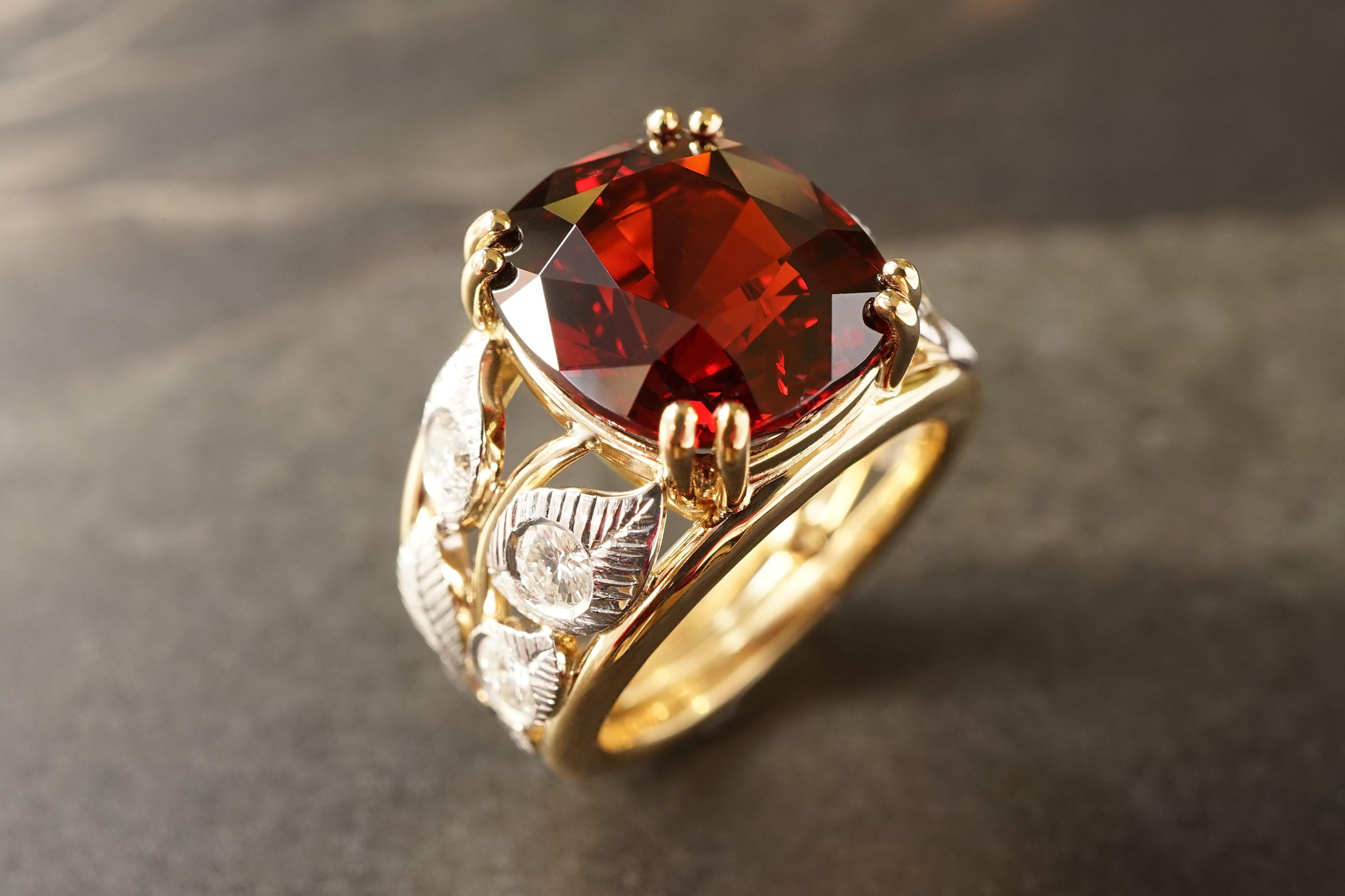 Contemporary Yellow and White 18 Karat Gold Red Garnet and Diamonds Botanical Engagement Ring For Sale
