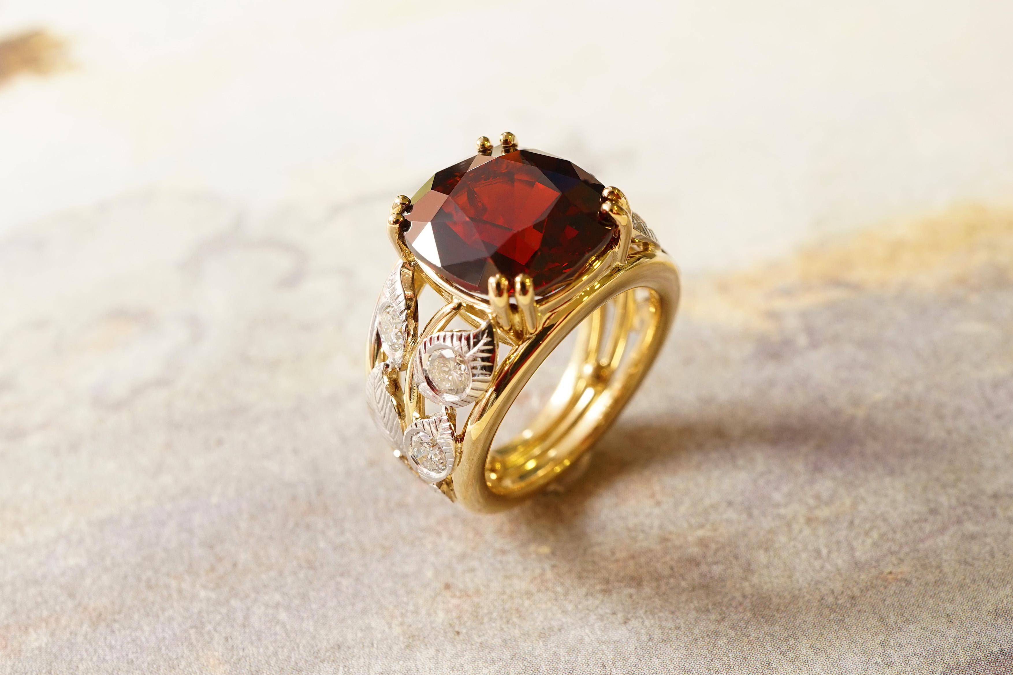 Cushion Cut Yellow and White 18 Karat Gold Red Garnet and Diamonds Botanical Engagement Ring For Sale