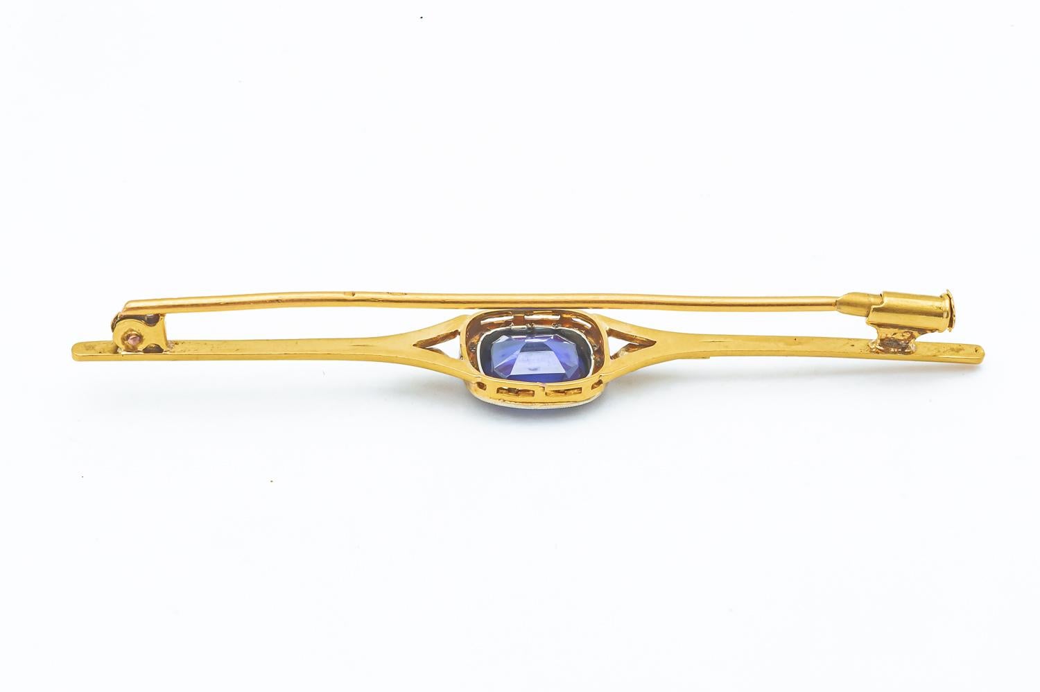 Rose Cut 18K Yellow and White Gold Brooch with Blue Sapphire and Diamonds