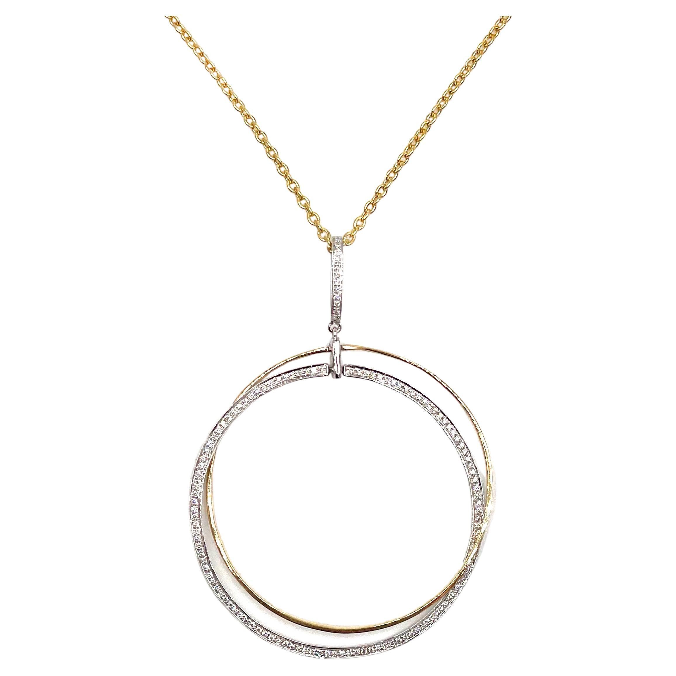 18K Yellow and White Gold Circle Necklace with Diamonds For Sale