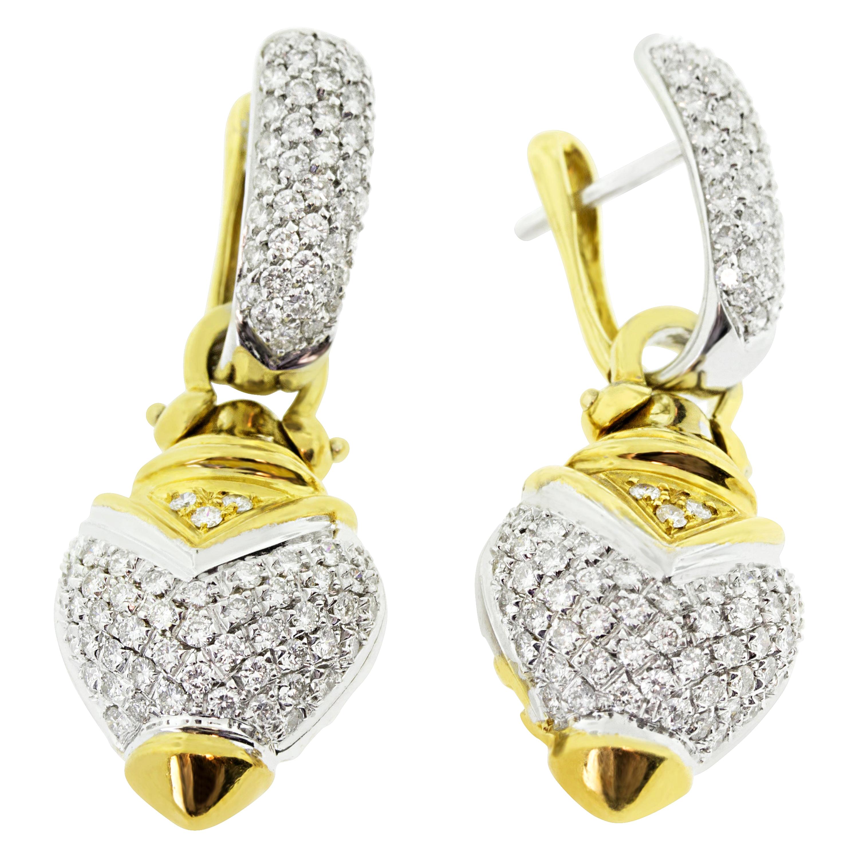 18 Karat Yellow and White Gold Diamond 2 in 1 Hoop and Charm Earrings For Sale